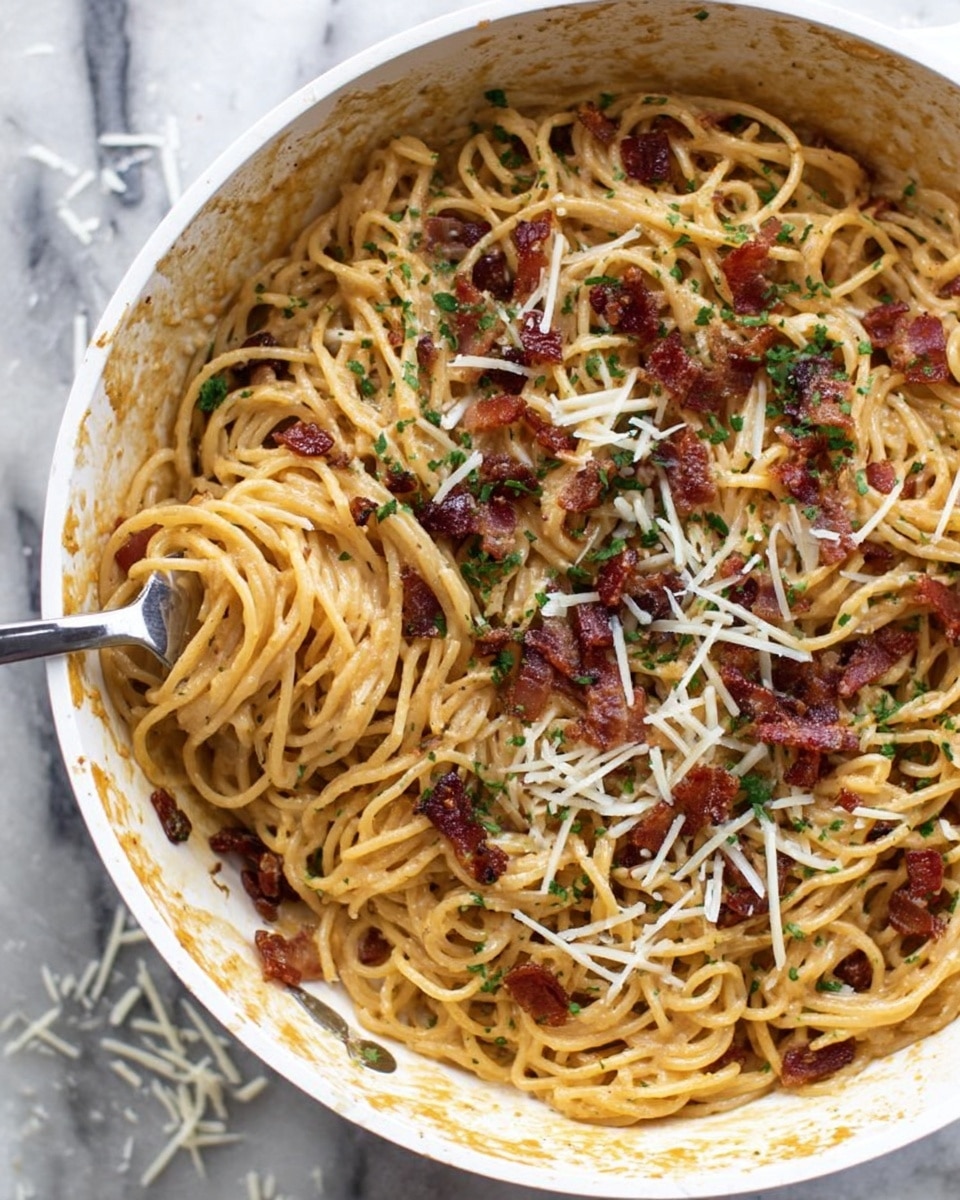 A white pan filled with light brown spaghetti noodles mixed in a creamy sauce, topped with small pieces of crispy dark red-brown bacon and sprinkled with shredded white cheese and finely chopped green herbs. The sauce coats the noodles evenly, and some sauce smudges are visible on the sides of the pan. A metal fork is twirling some noodles near the bottom left of the pan. The pan sits on a white marbled surface with scattered cheese shreds around it. Photo taken with an iphone --ar 4:5 --v 7