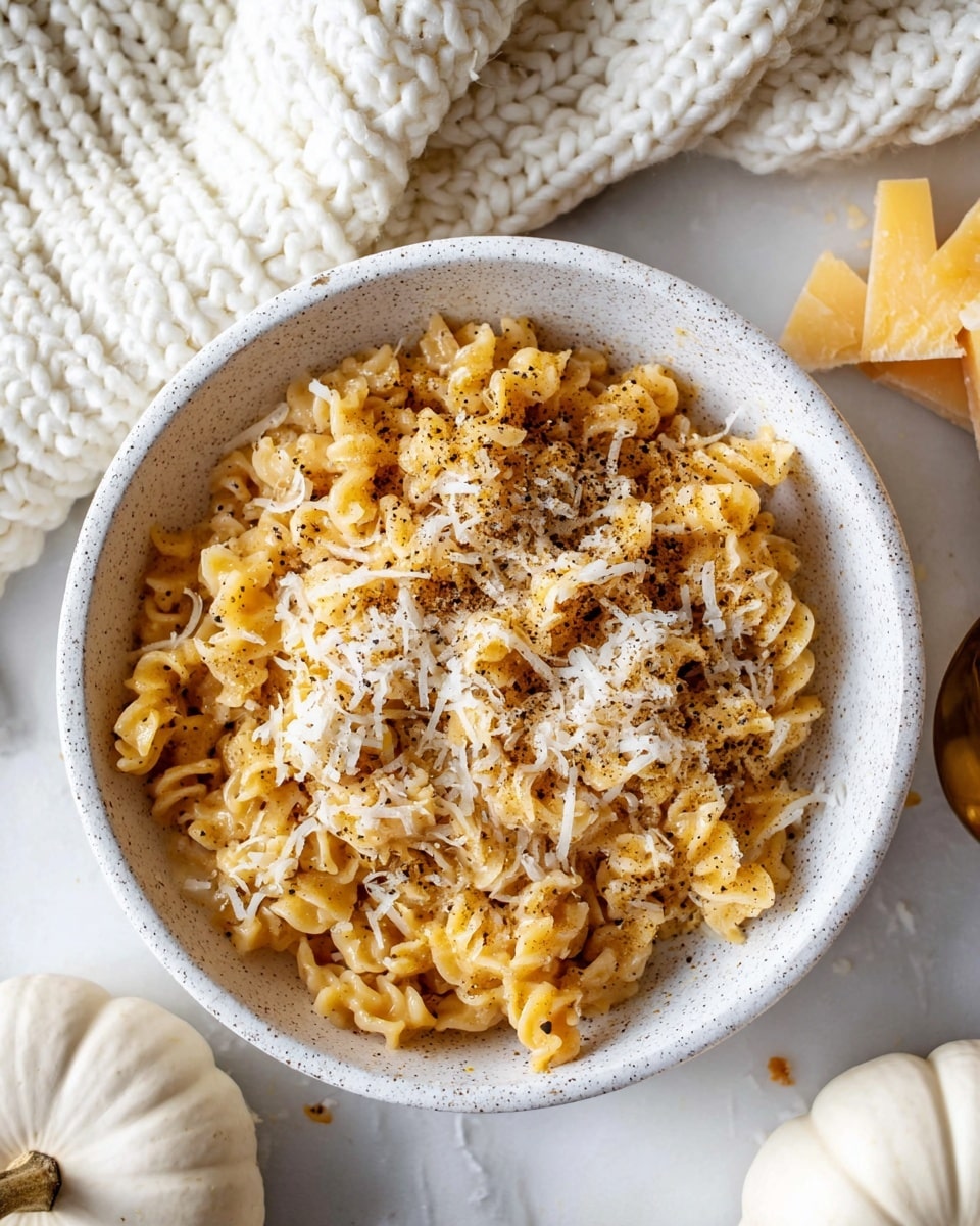 A white speckled bowl filled with curly pasta that has a golden color, topped with finely grated cheese scattered unevenly and a generous sprinkle of black pepper, all resting on a white marbled surface with a chunky knit fabric in soft white seen in the upper left corner and small chunks of yellow cheese near the top right of the image, a small white pumpkin partially visible at the bottom left edge, photo taken with an iphone --ar 4:5 --v 7