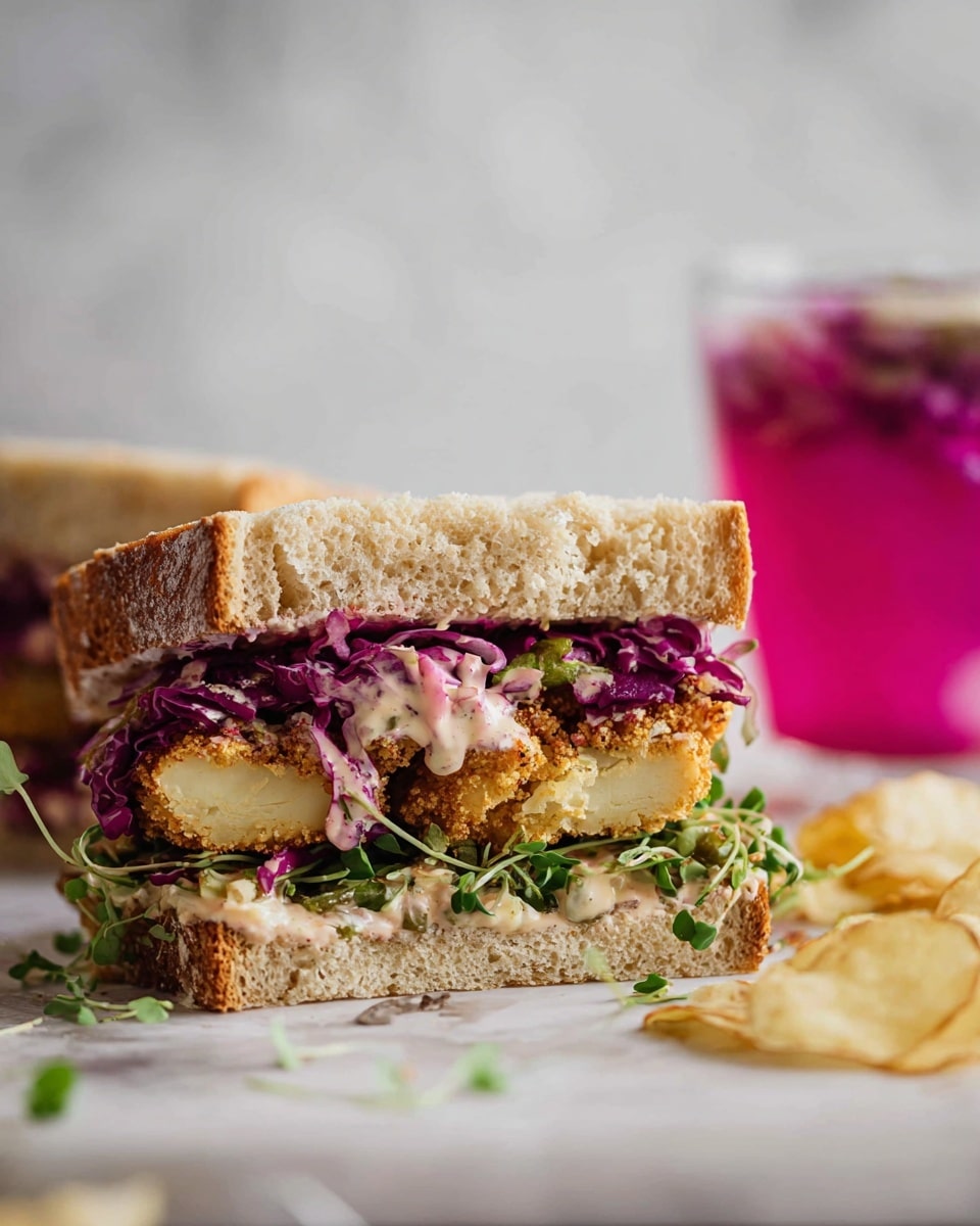 The image shows a sandwich sitting on a white marbled surface, cut in half with one half in clear view. The sandwich has four layers within a thick piece of bread with a lightly textured tan crust. The bottom layer contains fresh green sprouts with small purple leaves. Above that, there is a thick piece of crispy fried cauliflower with a golden brown and seasoned coating. On top of the cauliflower is a layer of creamy sauce with bits of purple cabbage mixed in. The top layer includes shredded purple cabbage adding a splash of bright color. To the right of the sandwich, there are a few scattered potato chips and some green sprouts. In the blurred background, there is a clear glass filled with a purple and pink pickled cabbage drink. Photo taken with an iphone --ar 4:5 --v 7