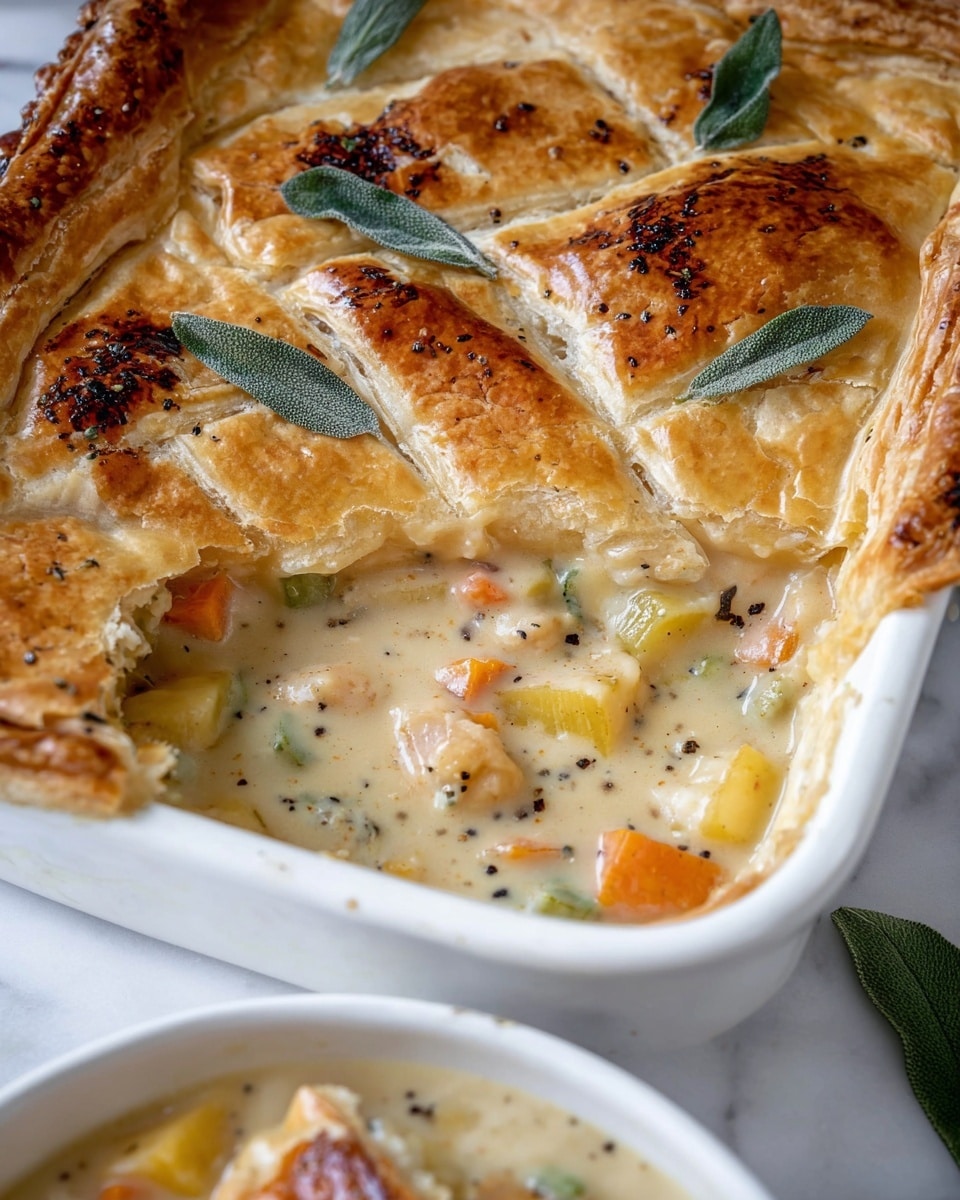The image shows a close-up of a white baking dish filled with creamy chicken pot pie. The top layer is a golden brown, flaky pastry crust with braided edges, decorated with fresh green sage leaves and small burnt spots. Underneath the crust, thick creamy sauce with chunks of orange carrots, pale yellow potatoes, and pieces of chicken is visible. The sauce has black pepper specks on top. Part of the crust on the right corner is folded back, showing the filling. Next to the baking dish, part of a white bowl with a serving of the pie showing the same creamy filling and a piece of crust is visible, all set on a white marbled surface photo taken with an iphone --ar 4:5 --v 7