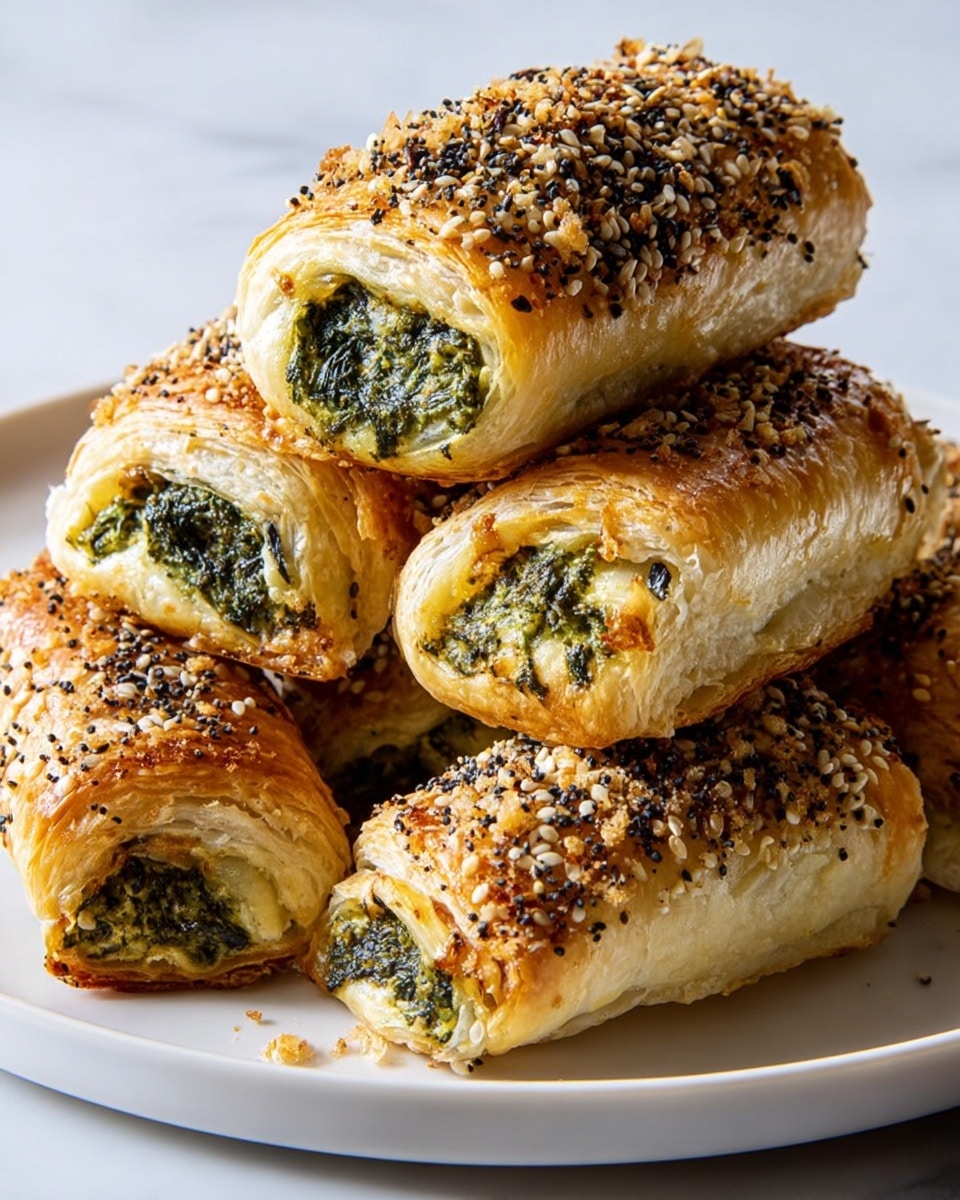 The image shows a pile of five golden brown pastry rolls on a white plate, each topped with a generous mix of toasted sesame seeds, black poppy seeds, and dried onion flakes. The pastries have a flaky, layered crust with a slightly shiny texture, indicating they are well baked. Inside, a green spinach and cheese filling peeks out from the ends, contrasting with the light, flaky dough. The plate sits on a white marbled surface, making the warm colors of the pastries stand out. Photo taken with an iphone --ar 4:5 --v 7