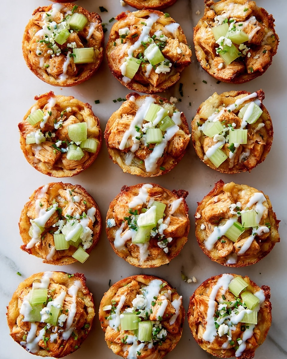The image shows twelve small round savory cakes arranged in a close grid on a white marbled surface. Each cake has a textured golden-brown base layer with small crispy edges, topped with chunks of cooked light brown meat. On top of the meat layer, there are several green celery slices spread evenly. White creamy sauce is drizzled in thin diagonal lines across each cake, adding contrast. Small bits of crumbled white cheese and finely chopped green chives are scattered over the top, giving a fresh look. The cakes have a slightly rough, rustic texture and are neatly aligned in four rows of three. photo taken with an iphone --ar 4:5 --v 7