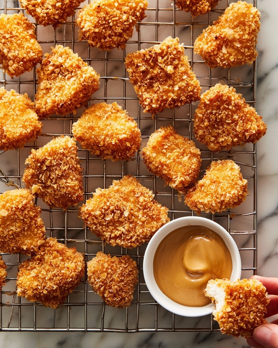A close-up image of a woman's hand holding a golden brown crispy nugget dipped halfway into creamy light brown sauce in a white bowl. Several crispy nuggets surround the bowl on a white marbled surface. The nuggets have a rough crunchy texture with small crisp bits on the surface. The sauce looks smooth and thick, gently coating the lower part of the nugget. The background is plain and softly lit, focusing on the nugget and dip. Photo taken with an iphone --ar 4:5 --v 7