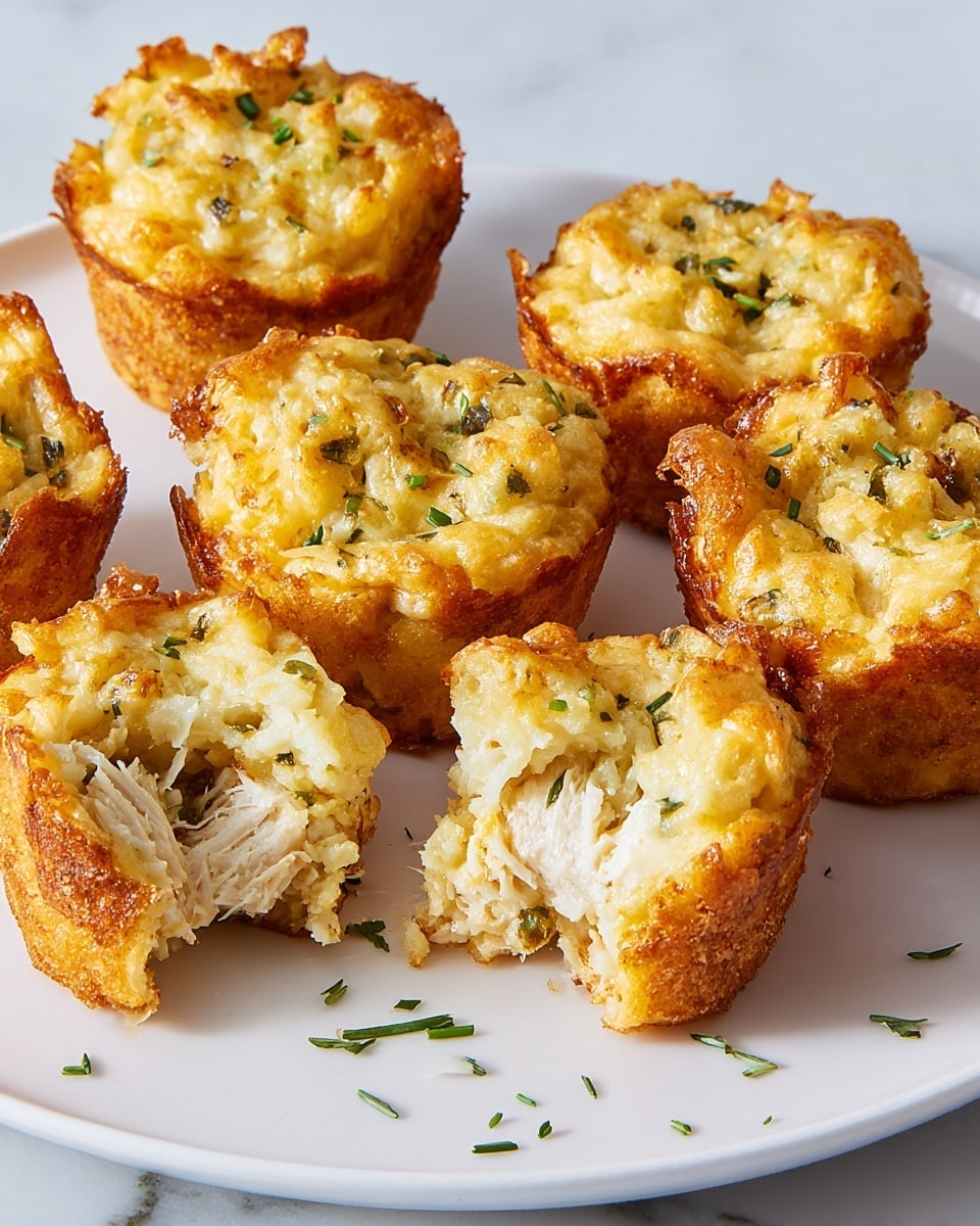 The image shows six small golden brown muffins with a rough, crispy outer crust. Each muffin is topped with a creamy, yellowish layer mixed with small green pieces, likely herbs, adding a touch of color. The muffins have a soft, slightly crumbly inside with visible strands of white filling, possibly chicken or cheese, visible in the muffin that has a bite taken out of it. The muffins are arranged on a white plate placed on a white marbled surface, with some green herb pieces scattered loosely around for decoration. Photo taken with an iphone --ar 4:5 --v 7