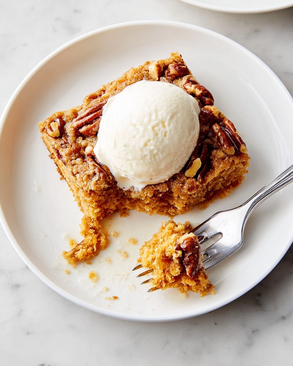 A white plate holds a square piece of golden brown dessert with pecan nuts embedded in the crumbly top layer. On top of the dessert, there is a smooth, rounded scoop of white cream or ice cream. A silver fork is placed on the plate with some cream on its tines and a small bite taken out of the dessert, showing a moist, slightly darker orange-brown inside. The plate sits on a white marbled surface. photo taken with an iphone --ar 4:5 --v 7