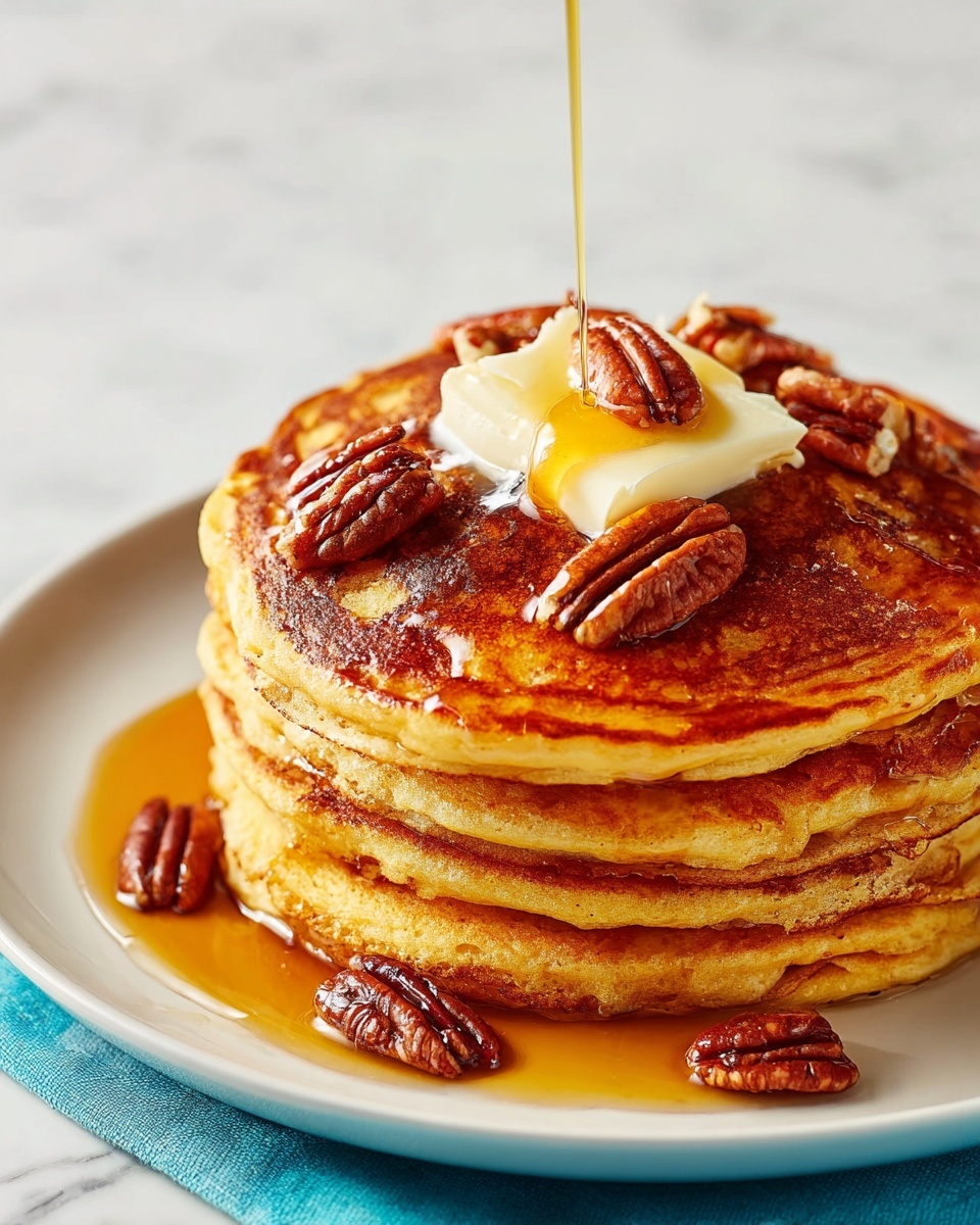 A tall stack of four golden brown pancakes sits on a white plate, showing a lightly crispy texture on the edges and soft, fluffy layers inside. On top of the pancakes is a smooth dollop of pale yellow butter melting slightly. Around the butter, there are several whole pecan halves scattered richly, their dark brown color contrasting with the pancakes. A steady stream of clear amber syrup is being poured over the butter and pecans, glistening as it flows and pools gently on the top pancake, adding a shiny coating. The entire scene is set on a white marbled surface, enhancing the warm colors of the dish. Photo taken with an iphone --ar 4:5 --v 7