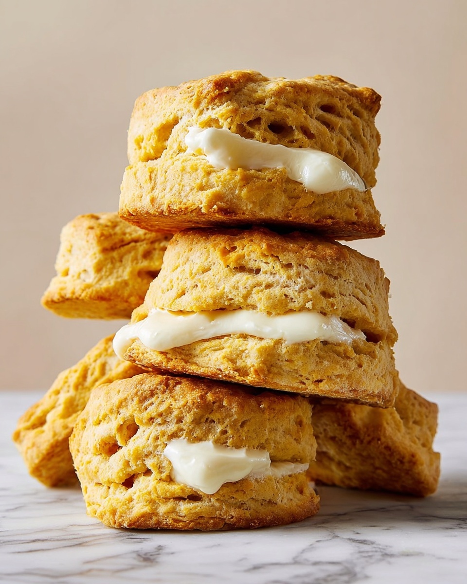 A stack of four golden brown biscuits with a rough, crumbly texture is shown close-up. Each biscuit is split in the middle and filled with a smooth, white butter layer that peeks out at the sides. Thick, shiny amber syrup is dripping down from the top biscuit, running over the edges and pooling slightly at the bottom. The biscuits are set on a piece of parchment paper against a white marbled background. photo taken with an iphone --ar 4:5 --v 7