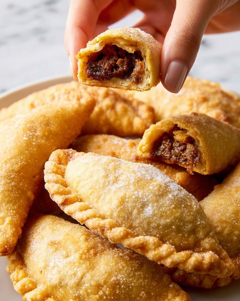 The image shows a close-up of a white plate filled with small, golden brown empanadas that have a crumbly texture. One empanada is broken open to reveal a dark brown, moist filling inside. A woman's hand is holding a half of the broken empanada, showing the inside clearly. The empanadas are arranged closely together against a white marbled surface background. The crust looks slightly rough with a light dusting of sugar on top. Photo taken with an iphone --ar 4:5 --v 7
