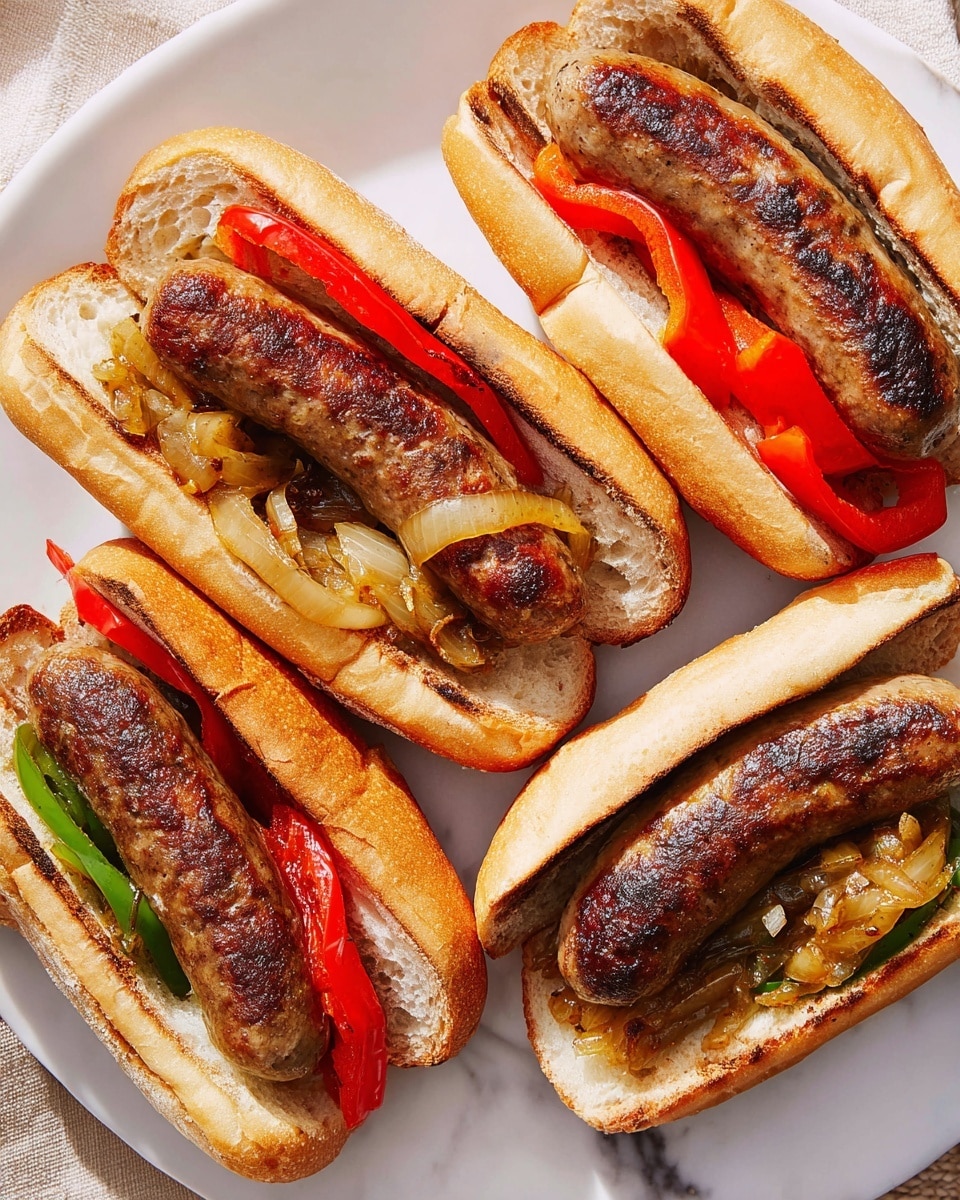 The image shows four sausage sandwiches on a white plate placed on a white marbled surface. Each sandwich has a toasted bun that is light golden brown with a soft texture inside. Inside each bun, there is one grilled sausage with a crispy, brown exterior. On top of the sausages, there are cooked onions and red and green bell pepper strips adding a mix of light yellow, bright red, and green colors. One of the sandwiches has a drizzle of whole grain mustard on the sausage, showing small yellow mustard seeds. The lighting highlights the textures and colors of the sausages and vegetables, making the food look warm and fresh. photo taken with an iphone --ar 4:5 --v 7