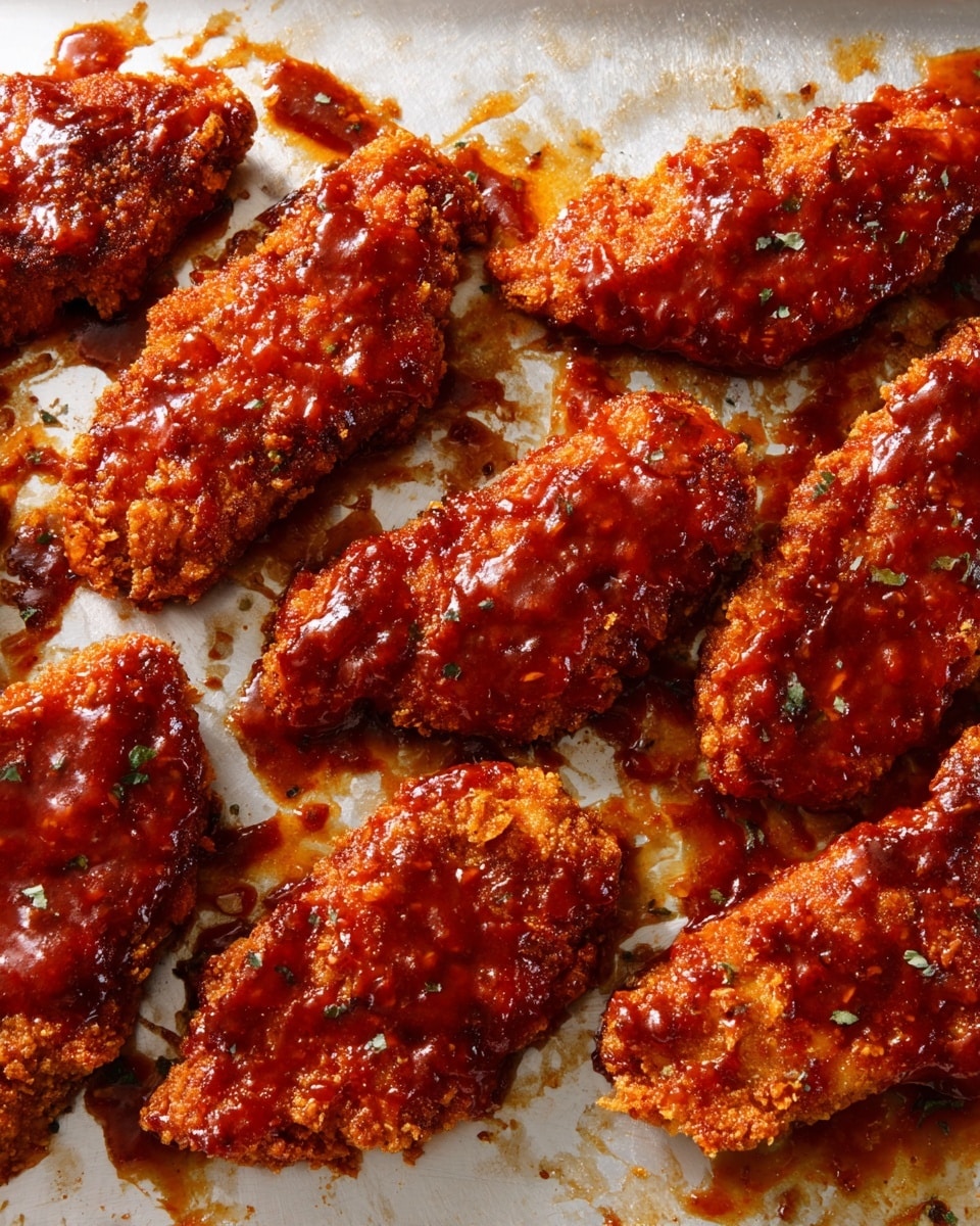 The image shows several pieces of crispy fried chicken wings coated with a shiny, thick reddish-orange sauce, spread across a white baking tray. The chicken pieces have a rough, textured surface from the crispy coating, with sauce glistening unevenly over them. In the top right area, one piece is partially torn, revealing the white cooked meat inside. The tray has streaks and spots of sauce around the chicken, with some sauce pooling in the crevices of the tray's rim. The background is a white marbled surface. photo taken with an iphone --ar 4:5 --v 7
