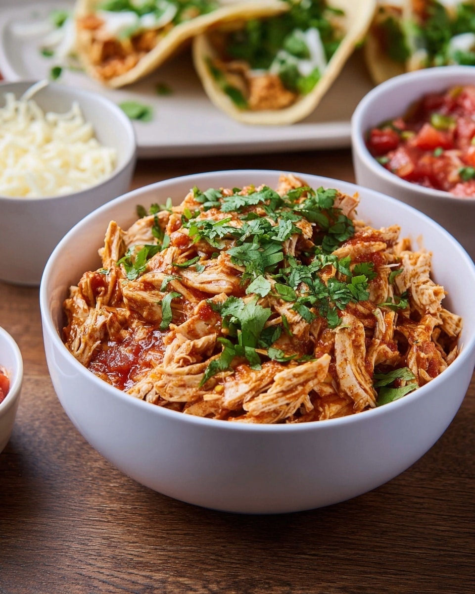 A large white bowl sits on a wooden surface, filled with shredded cooked chicken mixed with a reddish sauce and small tomato pieces, topped with chopped bright green cilantro leaves that add freshness and color contrast; in the blurred background, there is a white plate with soft tortillas topped with the same chicken mixture and some cheese, and two small white bowls, one filled with shredded cheese and the other with a smooth red sauce, all placed on a white marbled texture surface. photo taken with an iphone --ar 4:5 --v 7