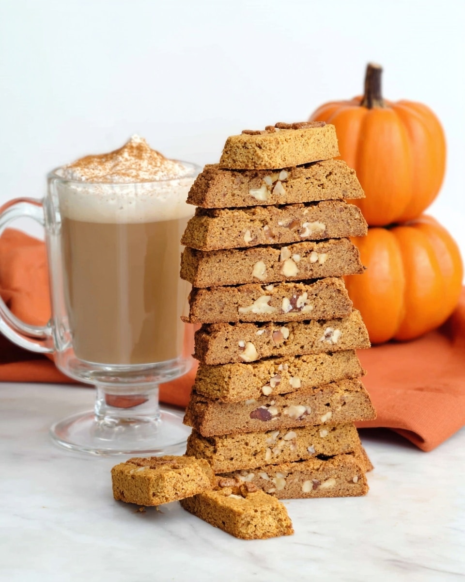 A white plate piled high with rectangular, light brown biscotti filled with visible walnut pieces, stacked unevenly in a rustic way, sits on a white marbled surface. Behind the plate, there is a clear glass mug filled with a creamy light brown drink topped with whipped cream and a dusting of cinnamon. To the right of the mug, two small pumpkins, one orange and one white with orange stripes, rest on an orange cloth with a subtle pattern. The overall scene has a cozy, autumn feel. photo taken with an iphone --ar 4:5 --v 7