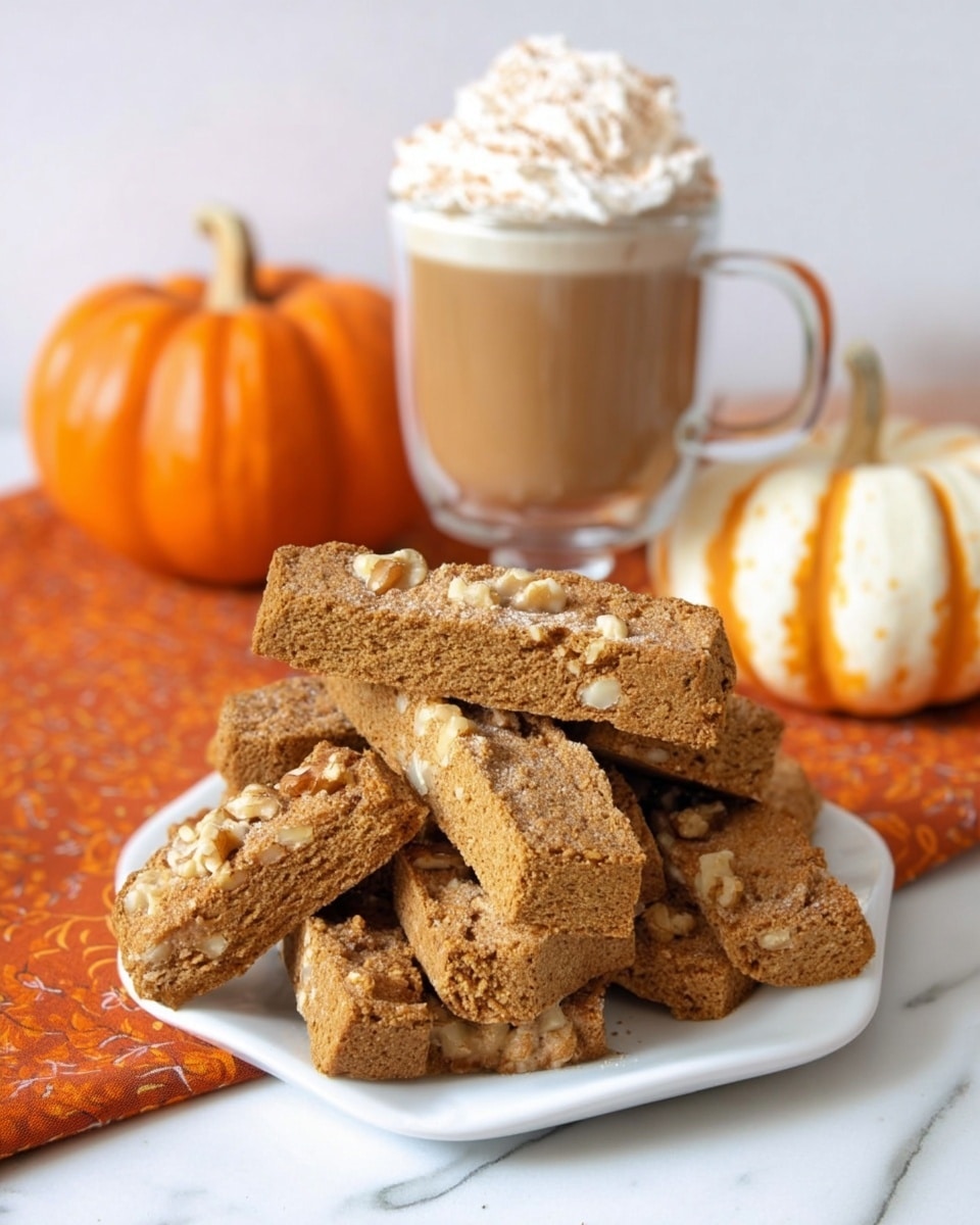 The image shows a tall stack of golden-brown biscotti with visible walnut pieces. The stack has four layers: the bottom layer consists of eight biscotti standing upright close together, the second layer has six biscotti upright but spaced with gaps, the third layer has three biscotti laid flat lying on top of the gap of the second layer, and the top layer features a large biscotti piece cut in half stacked horizontally. To the left of the biscotti stack, there is a clear glass mug filled with a light brown drink topped with white foam and a dusting of cinnamon, with a biscotti piece resting on the mug's rim. Behind the stack, on the right side, there are two small pumpkins stacked on a white marble surface, with a warm orange cloth underneath the mug. The whole scene is on a white marbled surface with a bright, clean background. Photo taken with an iphone --ar 4:5 --v 7