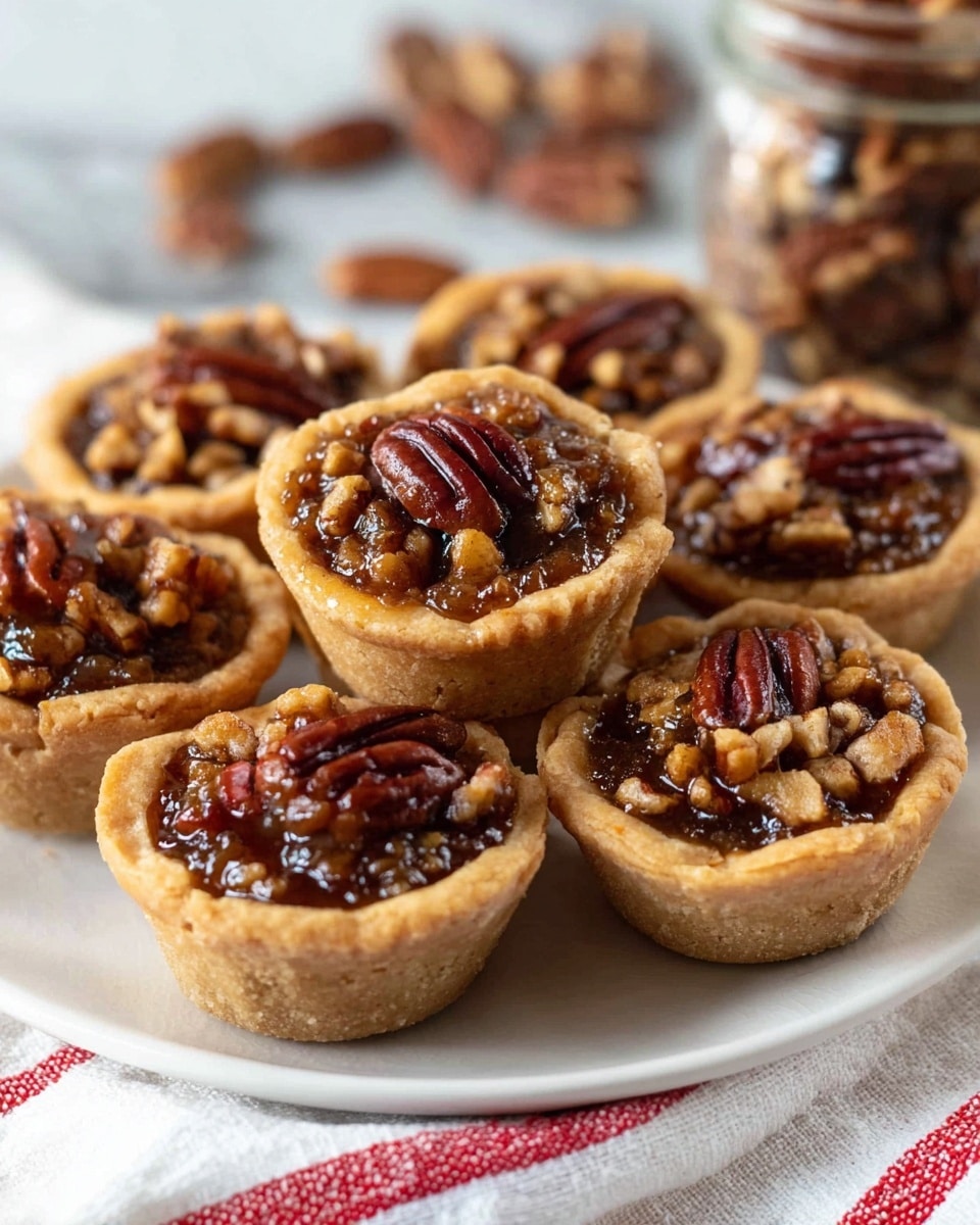 Two pecan tarts sit on a white plate with a textured pattern, which is stacked on two other plain white plates. Each tart has a thick golden-brown crust that is slightly crumbly. Inside the crust is a rich, glossy dark caramel filling mixed with large, shiny pecan nuts that look crunchy. Some pecan pieces are scattered around the plate. The background has a soft, white marbled texture with blurred objects in the distance. Photo taken with an iphone --ar 4:5 --v 7