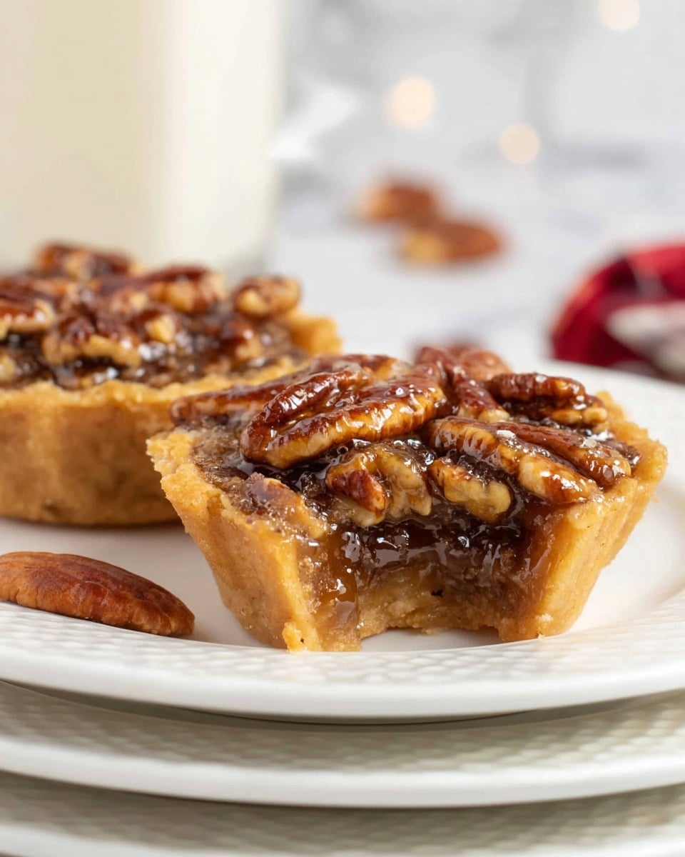 The image shows a close-up of several mini pecan pies arranged tightly on a white plate lined with a white cloth that has red stripes. Each pie has a golden brown crust that holds a shiny, dark caramel filling studded with whole and chopped pecans on top. The pies have a slightly thick and crumbly crust with a smooth, glossy nut topping that reflects light. The background is a white marbled texture with a blurred jar of pecans and some scattered pecans, creating a cozy and inviting feel. photo taken with an iphone --ar 4:5 --v 7
