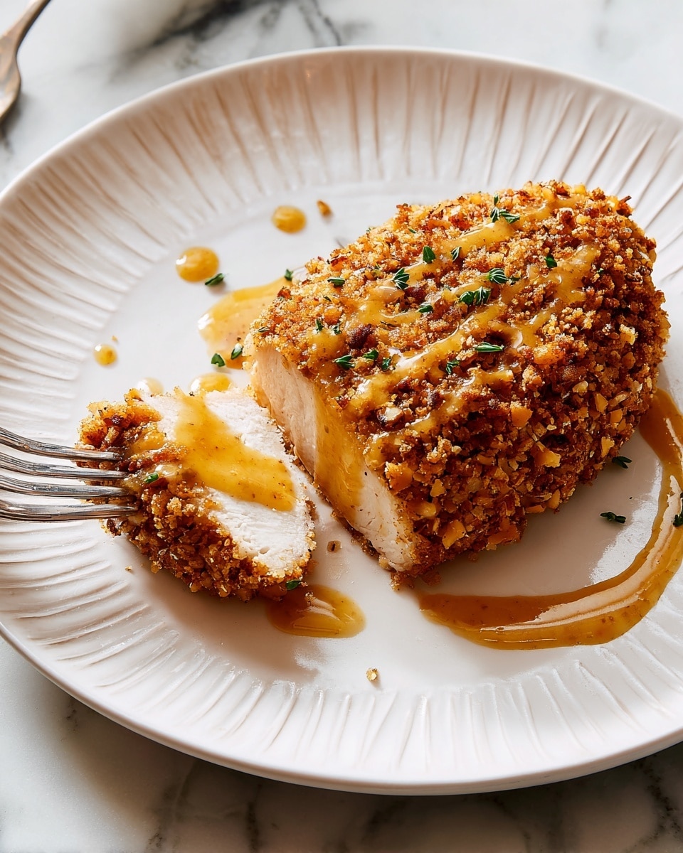 A pan with four pieces of golden brown chicken covered in a crunchy nut coating, each piece topped with bright yellow sauce drizzled in lines across the surface. Small green herb leaves are scattered over the chicken and sauce. The chicken pieces sit in a light brown sauce pooling in the bottom of the pan. The pan rests on a white marbled surface. Photo taken with an iphone --ar 4:5 --v 7