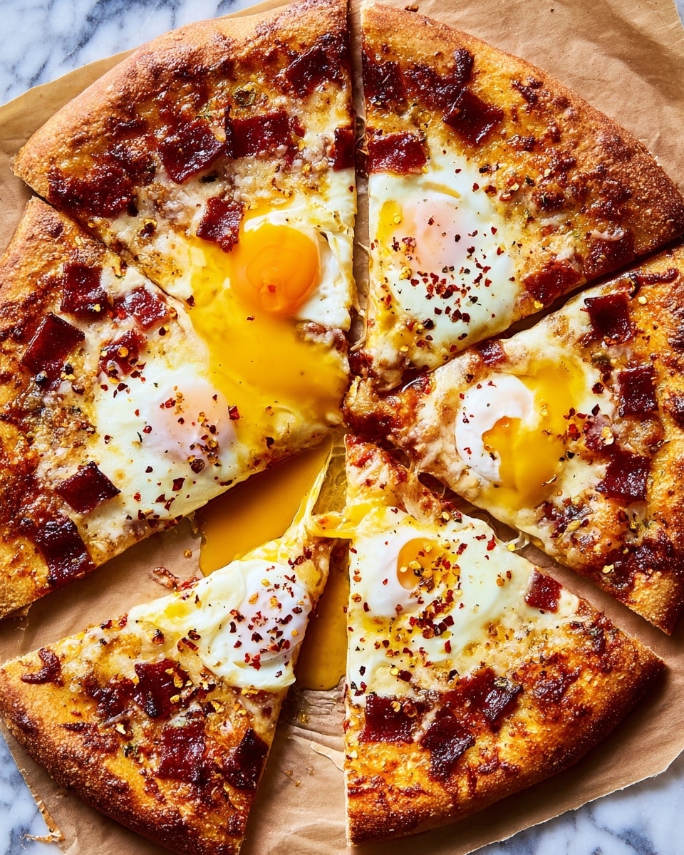 A round pizza with a golden brown crust is cut into six slices, topped with melted cheese and small pieces of crispy pepperoni scattered evenly. Three slices have sunny-side-up eggs on them, with runny yolks flowing onto the pizza and the parchment paper beneath. The cheese looks bubbly and slightly browned, and the pizza is seasoned with black pepper and red chili flakes, all placed on a sheet of brown parchment paper over a white marbled surface. Photo taken with an iphone --ar 4:5 --v 7