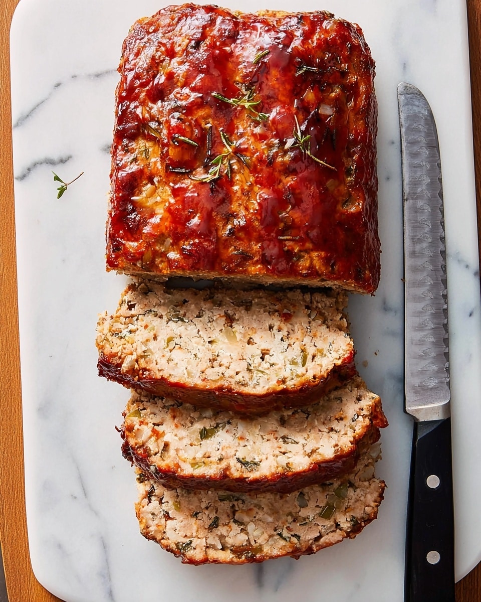 A white marbled cutting board holds a meatloaf with a shiny, dark brown outer glaze, sliced into four pieces. The slices show a textured light brown inside with bits of herbs and small vegetables. To the right of the cutting board, a serrated knife with a black handle rests parallel to the slices. The background is a white marbled surface. photo taken with an iphone --ar 4:5 --v 7