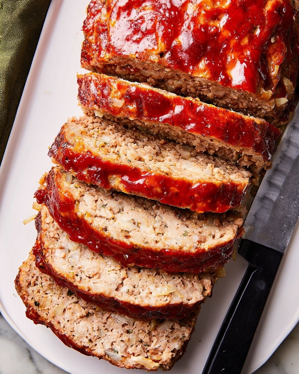 The image shows five slices of meatloaf stacked on a white plate with a white marbled surface underneath. Each slice has a browned, glossy top layer with a slightly bumpy texture, showing cooked tomato or sauce glaze. Below this glossy top, the meat inside is light brown with a mixed texture and small visible bits of onion or seasoning scattered throughout. A black-handled knife rests near the plate on the right side. Photo taken with an iphone --ar 4:5 --v 7