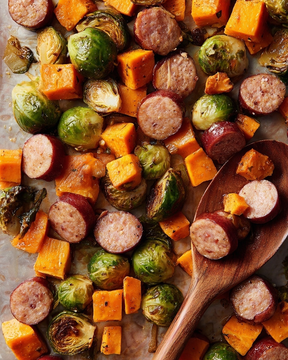 A roasting tray filled with three main layers evenly spread out: the first layer is small green Brussels sprouts, some split in half showing their light green inner texture; the second layer has bright orange cubed sweet potatoes with a slightly roasted surface; the top layer consists of round slices of browned sausage with an inner pinkish texture and clusters of red grapes scattered all over. Next to the tray on the left side is a small white bowl holding a creamy pale beige sauce with a soft swirl on top. The whole scene is placed on a white marbled surface with a gray cloth partially visible on the upper left side photo taken with an iphone --ar 4:5 --v 7