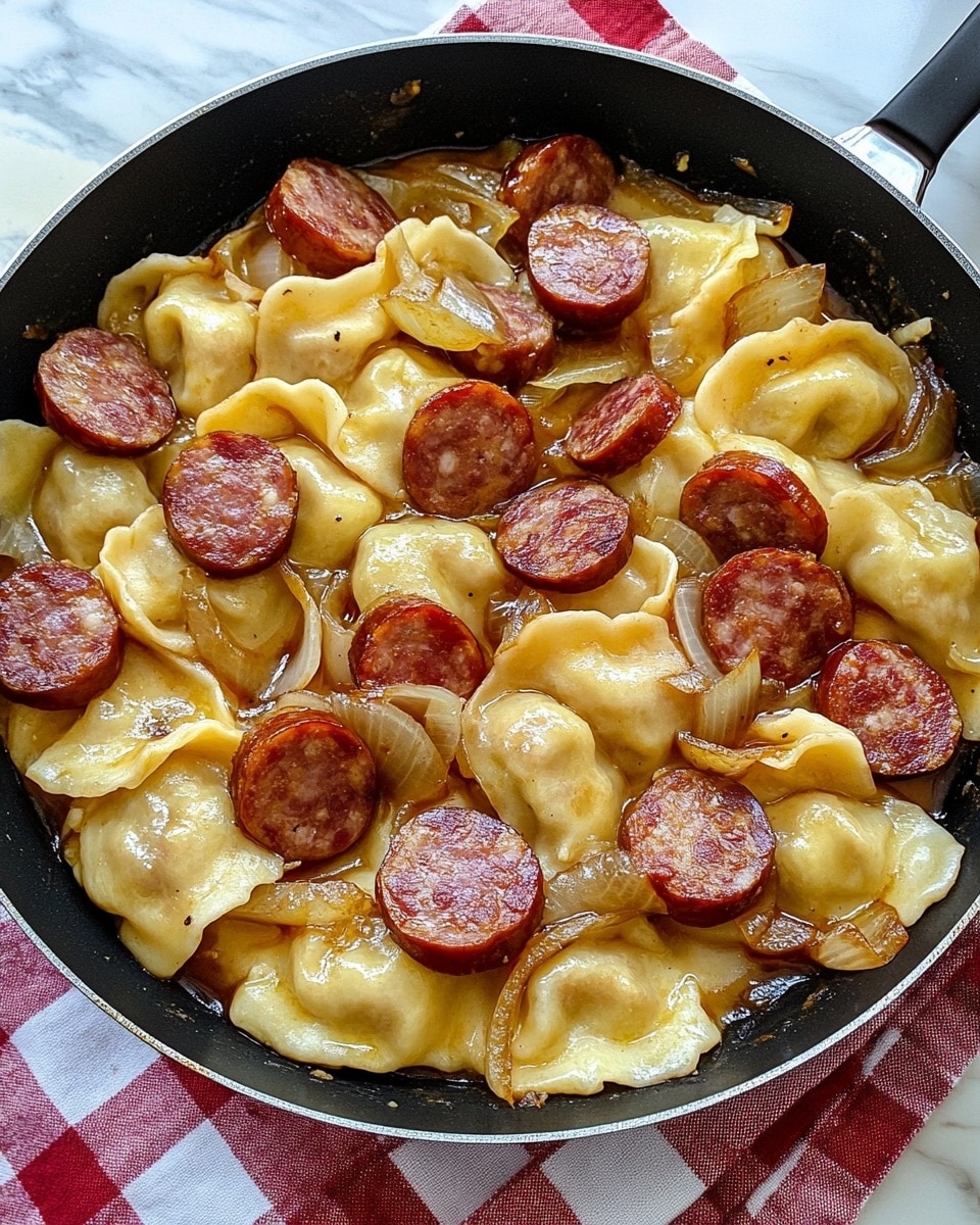 A black pan filled with a mix of two main layers: round, pinkish sausage slices that are slightly browned on one side, and irregularly shaped pale dumplings, also lightly browned. The sausages and dumplings are mixed with small pieces of cooked onion that are soft and translucent, spread evenly throughout the pan. The pan sits on a red and white checkered cloth, all placed on a white marbled surface. photo taken with an iphone --ar 4:5 --v 6.1