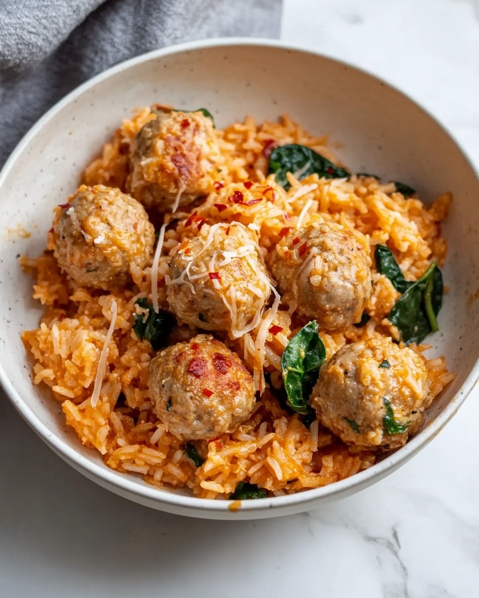 A white bowl filled with several light brown meatballs that have a soft texture, mixed in with creamy orange rice. The rice has bits of dark green spinach leaves scattered throughout and is topped lightly with grated cheese and red chili flakes. A silver fork rests in the bowl, holding a piece of one meatball showing a soft, pale inside. The bowl is placed on a white marbled surface, with a black pan in the blurred background filled with the same rice mixture, and a brown and white striped cloth next to it. Photo taken with an iphone --ar 4:5 --v 6.1