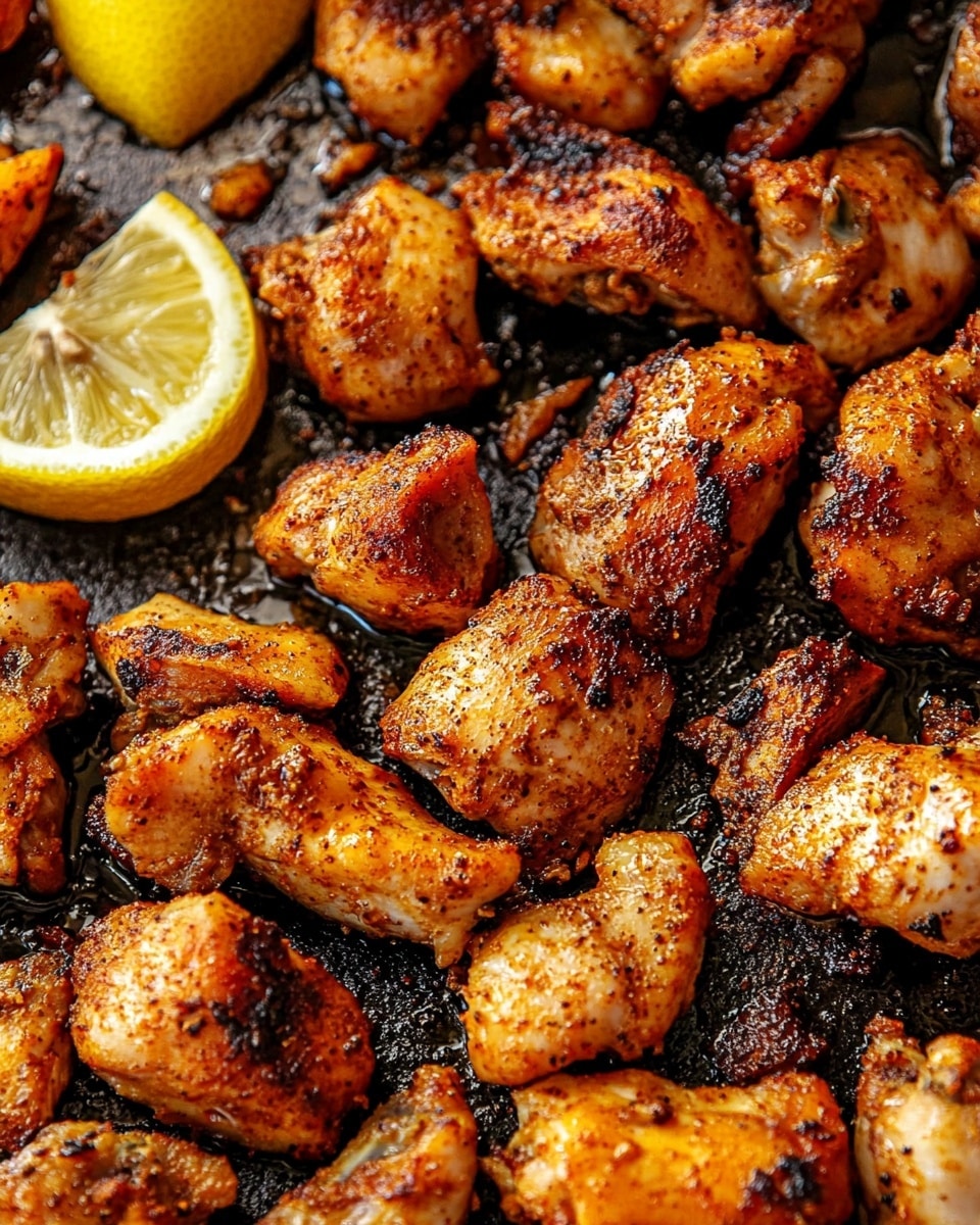The image shows many pieces of golden-brown cooked chicken with crispy edges spread across a pan. The chicken pieces are uneven in size and shape, with some showing small charred spots and a slightly rough texture from the spices and cooking. Near the left side, there is a slice of bright yellow lemon adding a splash of color to the scene. The pan surface underneath is visible, with brown bits and juices from cooking scattered around. The whole dish looks warm and freshly cooked. Photo taken with an iphone --ar 4:5 --v 6.1