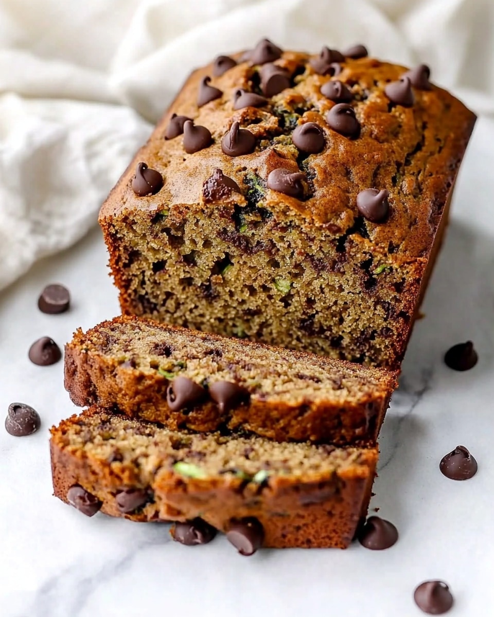 A loaf of chocolate chip bread is shown sliced into three thick pieces, stacked slightly unevenly one on top of the other. The bread is golden brown with a rough texture, filled with many dark brown chocolate chips scattered throughout. The top layer of the loaf has chocolate chips melted into the crust, giving a slightly bumpy look. The bread sits on a white marbled surface with a blurred background, including a white cloth and small containers. Photo taken with an iphone --ar 4:5 --v 6.1
