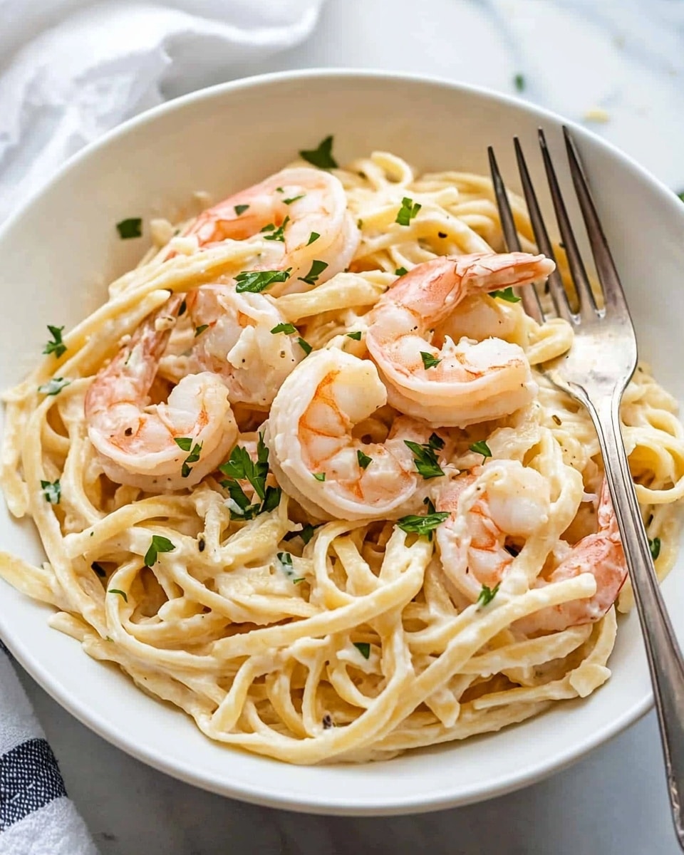 This image shows a large silver pan filled with creamy pasta, which has about two layers mixed together. The pasta is a light yellow color with a smooth, slightly thick texture, and it is mixed with small, pink shrimp scattered evenly throughout. On top of the pasta and shrimp, there are small green parsley leaves and black pepper flakes sprinkled for garnish. The pasta is being lifted slightly by silver tongs with black handles from the right side of the pan. The whole dish is set on a white marbled surface with a striped white and black cloth partly visible on the left. Photo taken with an iphone --ar 4:5 --v 6.1