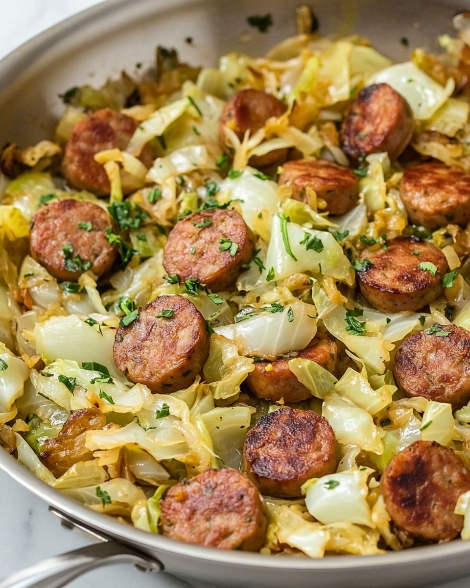A white round pan filled with cooked cabbage and browned sausage slices, with chopped green herbs sprinkled on top, and a wooden spoon resting inside. Next to it, a white plate with a single serving of the same cabbage and sausage mix, garnished with green herbs. On the white marbled surface, there is a small cup containing a light brown sauce and another small container holding a white creamy sauce, with a gray cloth napkin to the side. Photo taken with an iphone --ar 4:5 --v 6.1