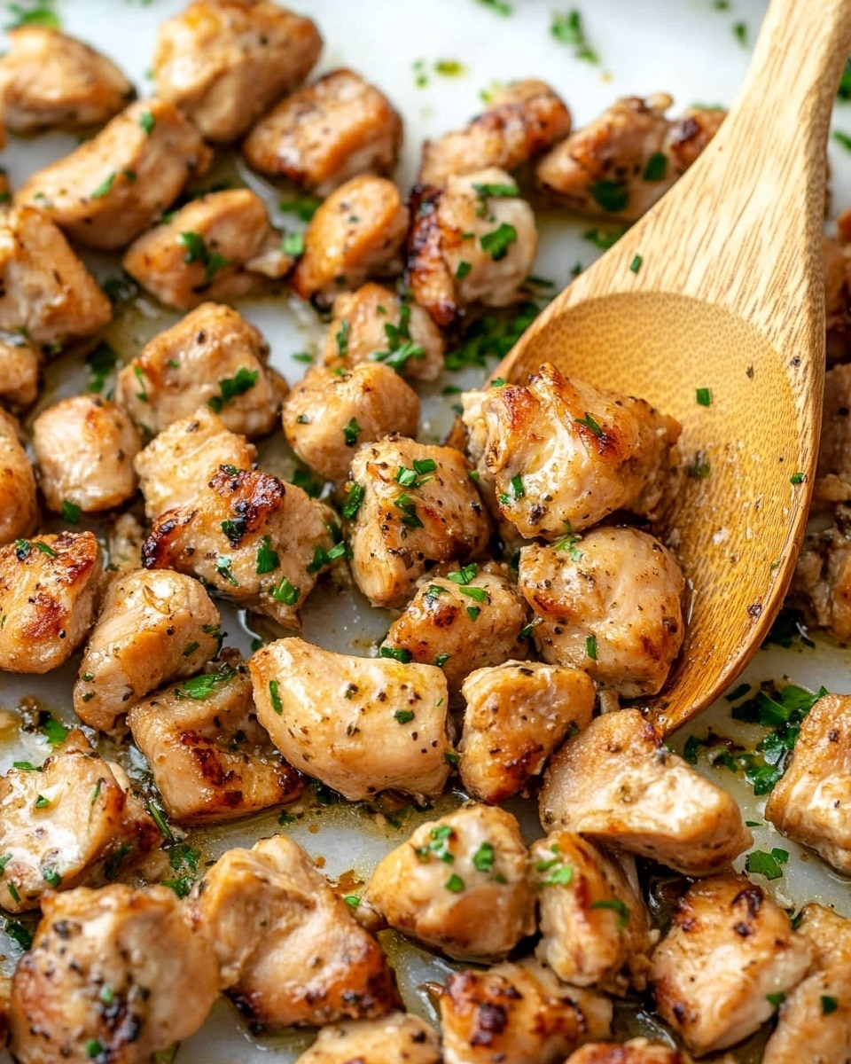 The image shows many small pieces of cooked chicken with a light brown color and some darker browned spots, scattered across a white marbled surface. The chicken pieces are coated in a shiny, slightly oily glaze and sprinkled with small bits of chopped green herbs, creating a fresh look. A large wooden spoon is resting on the chicken pieces on the right side, with some pieces on the spoon as well, blending with the texture of the chicken. Photo taken with an iphone --ar 4:5 --v 6.1