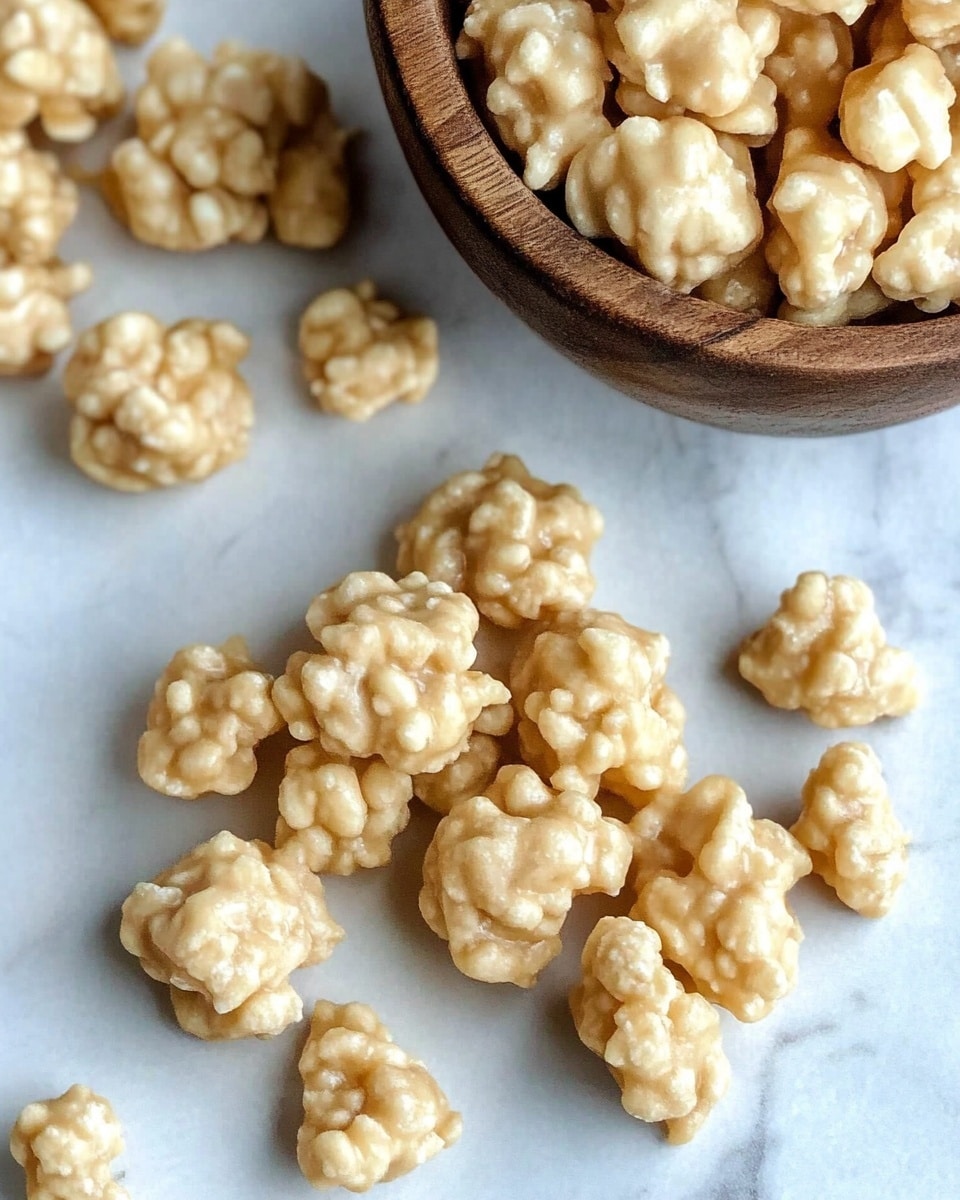 The image shows several small clusters of light beige, glossy candy pieces placed on white baking paper over a white marbled surface. Each cluster has a rough and bumpy texture with visible rice or cereal bits embedded in the creamy coating. The clusters are round but irregular in shape, loosely spaced with one cluster in the front being more in focus and larger compared to the blurred clusters in the background. photo taken with an iphone --ar 4:5 --v 6.1