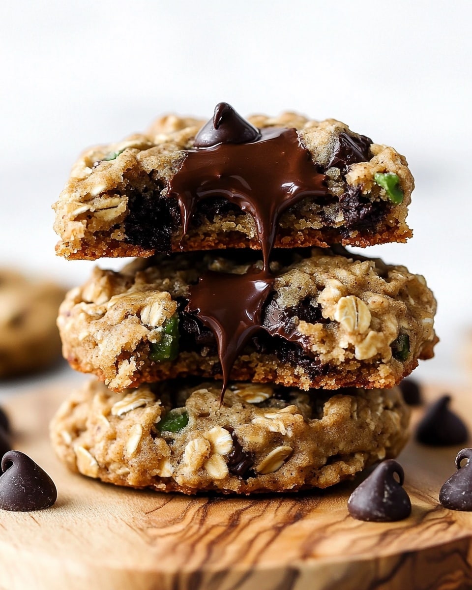 A stack of three thick oatmeal cookies filled with dark chocolate chips sits on a wooden board. The bottom cookie is whole, showing a rough, craggy texture with brown and green specks inside. The middle and top cookies are broken in half, revealing a soft, crumbly inside with melted chocolate chips, some dripping slightly. The chocolate chips on top are larger and glossy, scattered unevenly. The overall colors are warm beige and deep brown, with a few green flecks peeking through the oat dough. The background is a white marbled texture with soft lighting highlighting the cookies’ moist and chewy look. Photo taken with an iphone --ar 4:5 --v 6.1