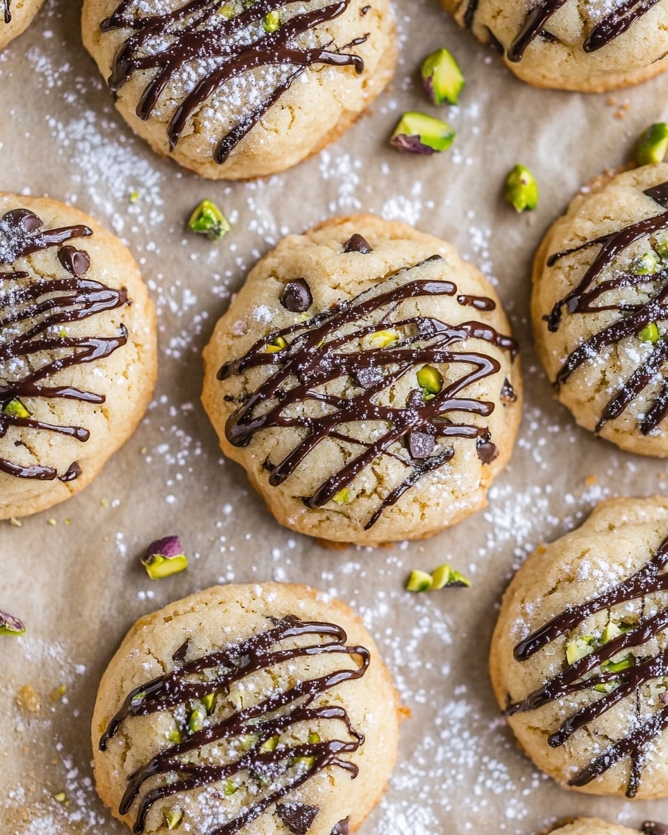The image shows a white round plate filled with a pile of golden-brown pastries, each shaped like a small half-moon with a textured, slightly crispy surface. They are drizzled with thin lines of dark chocolate in a crisscross pattern and lightly dusted with powdered sugar, giving a snowy effect on top. Around the plate, there are small green pistachio nuts and a few chocolate chips scattered for decoration. In the background, there are two bowls, one filled with dark chocolate chips in a white bowl and the other with green pistachios in a white bowl. All items are set on a white marbled surface. photo taken with an iphone --ar 4:5 --v 6.1