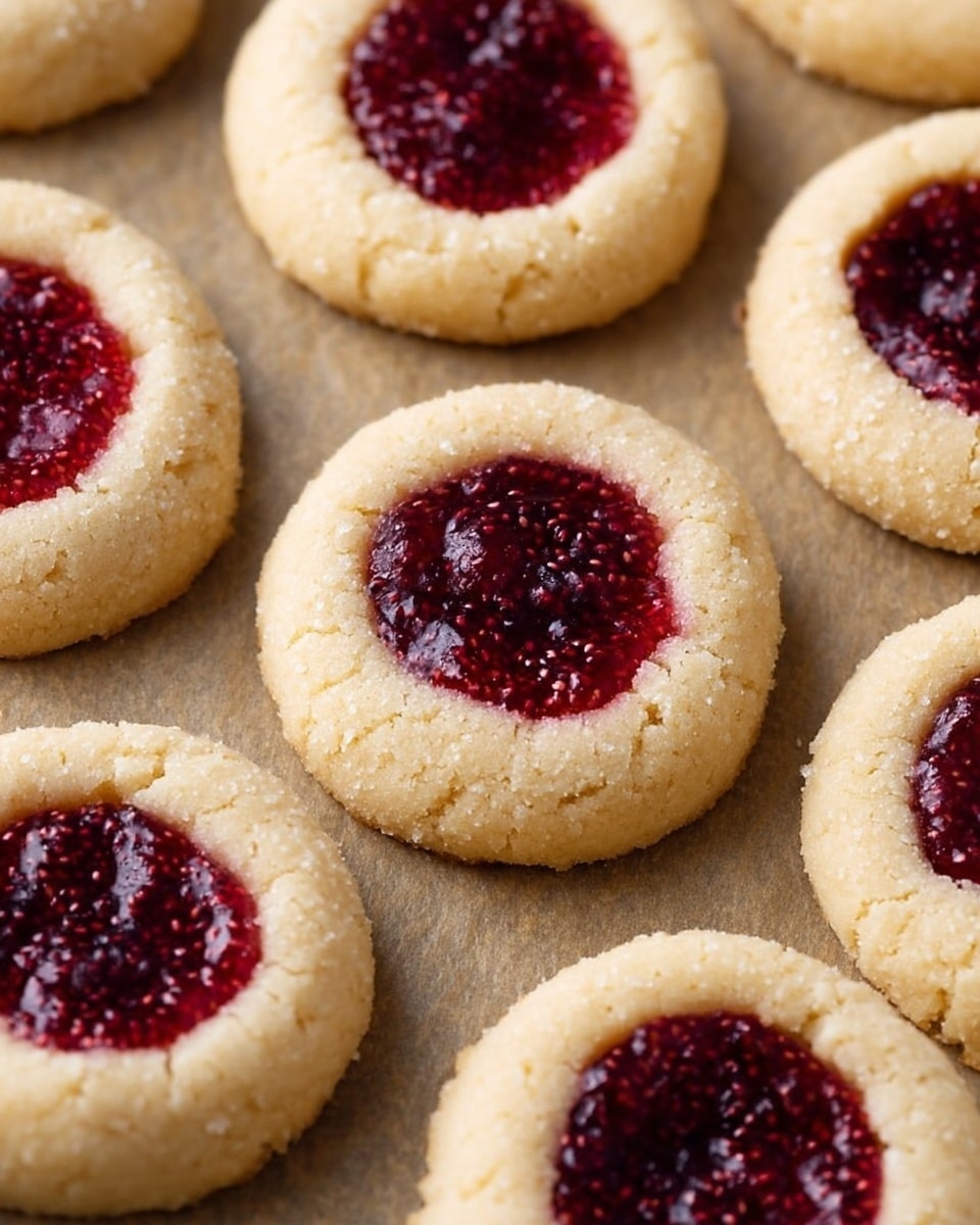 The image shows a close-up of several round thumbprint cookies arranged on brown parchment paper. Each cookie has one main layer of light golden, slightly crumbly textured dough with a smooth surface. In the center of each cookie is a glossy, deep red jam or jelly filling that appears thick and slightly textured with tiny seeds visible. The cookies are evenly spaced and have slightly rounded edges. The background is a white marbled surface. Photo taken with an iphone --ar 4:5 --v 7