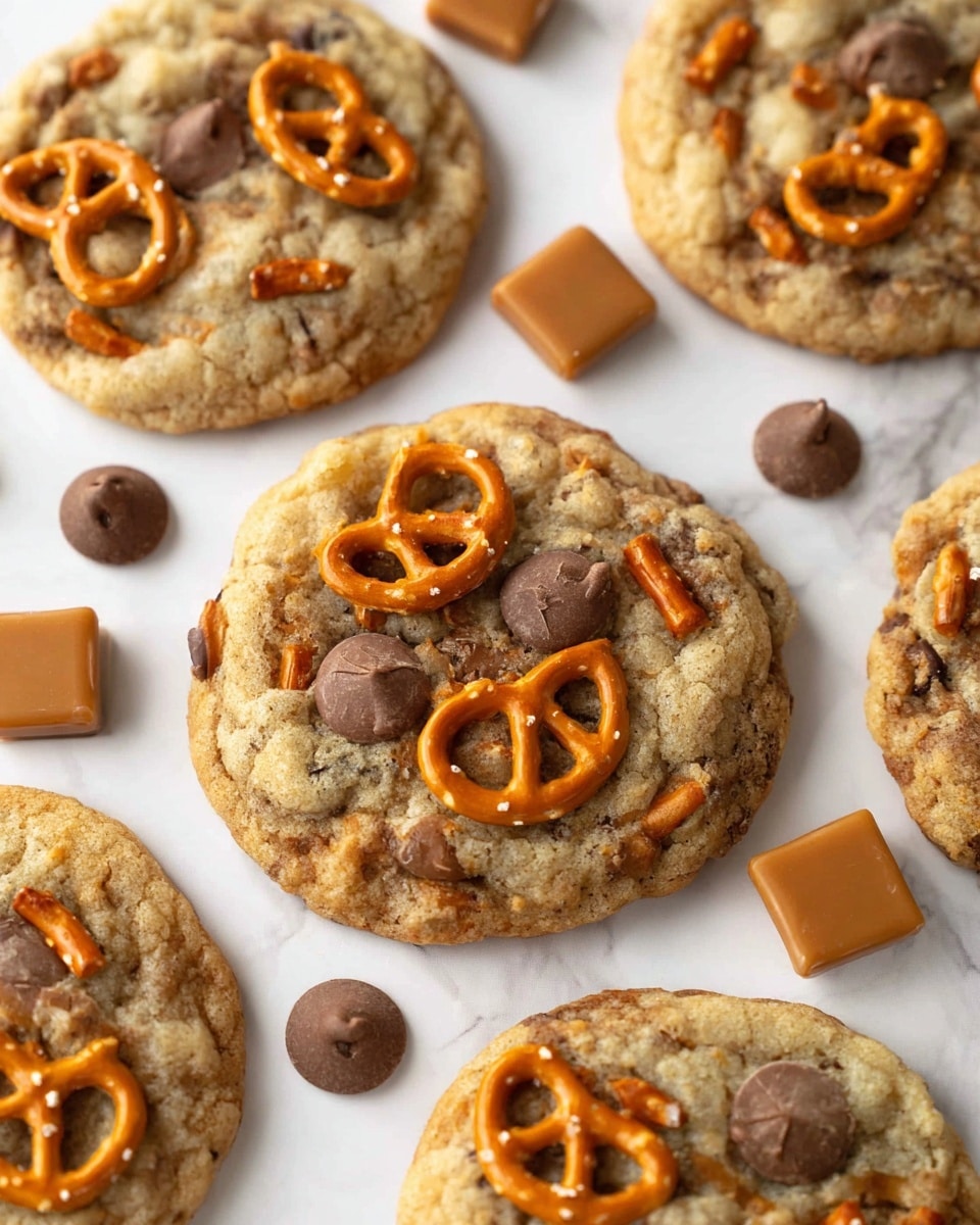 The image shows six large cookies spread on a white marbled surface. Each cookie is golden brown with a rough, crinkled texture and contains visible chocolate chips within. On top of the cookies, there are broken pieces of small orange pretzels arranged randomly. Around the cookies, some whole orange pretzels, scattered dark brown chocolate chips, and small caramel squares add contrast. The overall look is warm and inviting with a mix of soft brown and orange hues against the bright white marbled background. photo taken with an iphone --ar 4:5 --v 7