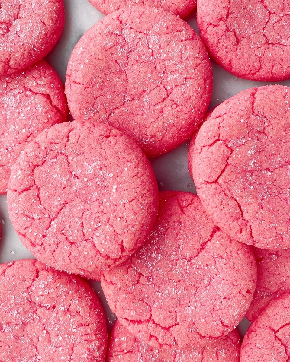 A close-up view of many bright pink round cookies with slightly cracked textures, each topped with fine sparkling sugar crystals that catch the light. The cookies are spread out overlapping each other on a white marbled surface, showing their soft and slightly crumbly texture. Photo taken with an iphone --ar 4:5 --v 7