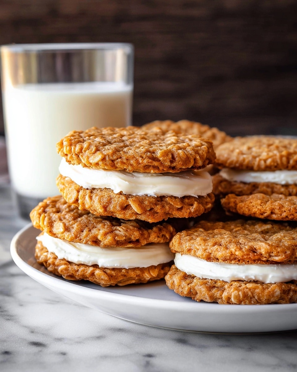 A stack of three oatmeal cream sandwich cookies is shown on white parchment paper on a brown wooden surface. Each cookie has two textured golden-brown oatmeal layers with a smooth, thick white cream filling in between. Behind the stack, there is a clear glass filled with white milk. In the background, another oatmeal cream sandwich cookie is partially visible on a white plate, all set on a white marbled surface. Photo taken with an iphone --ar 4:5 --v 7