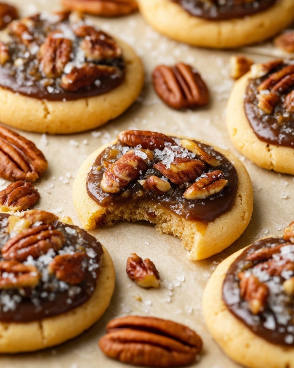 The image shows a close-up of several small round cookies on a beige paper surface with a white marbled texture in the background. Each cookie has two layers: a smooth, light golden-brown base and a glossy, dark caramel topping filled with pecan halves and pieces, sprinkled with coarse salt. One cookie in the center has a small bite taken off, showing the soft inside of the cookie base. Whole pecans are scattered around the cookies, adding texture and color contrast. The photo is taken with an iphone --ar 4:5 --v 7