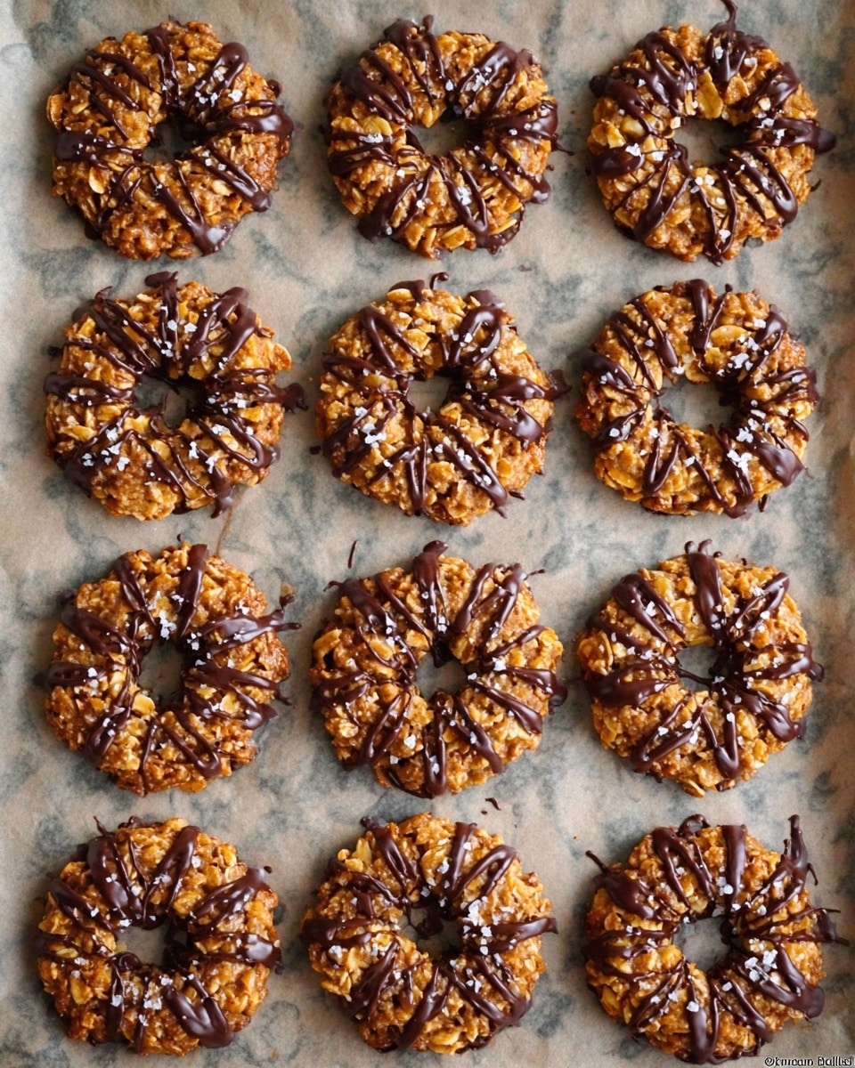 The image shows fifteen round cookies arranged in a grid of three columns and five rows on parchment paper over a white marbled surface. Each cookie has a rough texture and is made with small clusters of nuts or crispy bits, giving an uneven, crunchy look. The cookies have a golden-brown color and are drizzled with dark chocolate in thin, uneven lines across the top. Small sprinkles of white flakes, possibly sea salt, are scattered on each cookie, adding contrast. The photo taken with an iphone --ar 4:5 --v 7