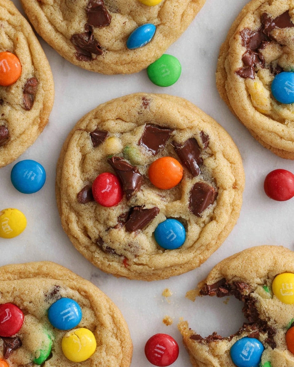 The image shows a close-up of colorful cookies on a white marbled surface. Each cookie has a soft, golden-brown base layer with a slightly cracked texture. On top, there are two types of toppings: bright candy-coated chocolates in colors like red, yellow, orange, blue, and green, and melted dark brown chocolate chips scattered unevenly. The cookies have a round shape with a raised edge and a flat center where the toppings sit. Some cookies are whole, while others are broken to show their soft inside. Photo taken with an iphone --ar 4:5 --v 7