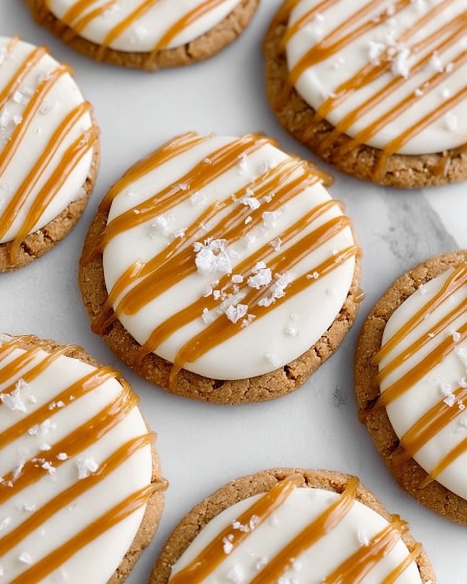 The image shows round cookies arranged on a white marbled surface. Each cookie has a rough, light brown base layer with a slightly cracked texture. On top of this base, there is a smooth, thick layer of white icing covering most of the cookie’s surface. Over the white icing, there are thin lines of caramel-colored drizzle arranged diagonally in close parallel lines. Some small white flakes are scattered on the cookies and the marbled surface, adding a slight texture contrast. The overall look is neat and inviting, with the cookies placed closely but not touching each other. Photo taken with an iphone --ar 4:5 --v 7