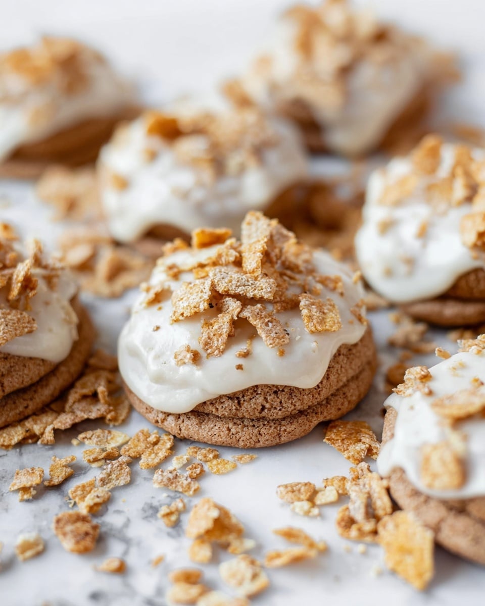 The image shows a group of round cookies on a white marbled surface, each cookie topped with a thick, smooth layer of light cream frosting. On top of the frosting, there is a sprinkling of crunchy, light brown cereal pieces, adding texture. There are about twelve cookies closely placed together, with some loose cereal pieces scattered around them. Near the top left and bottom right corners are two small white bowls, one filled with the same cream frosting and the other with more cereal pieces. The overall look is soft and crunchy with a mix of light brown and creamy white colors. photo taken with an iphone --ar 4:5 --v 7