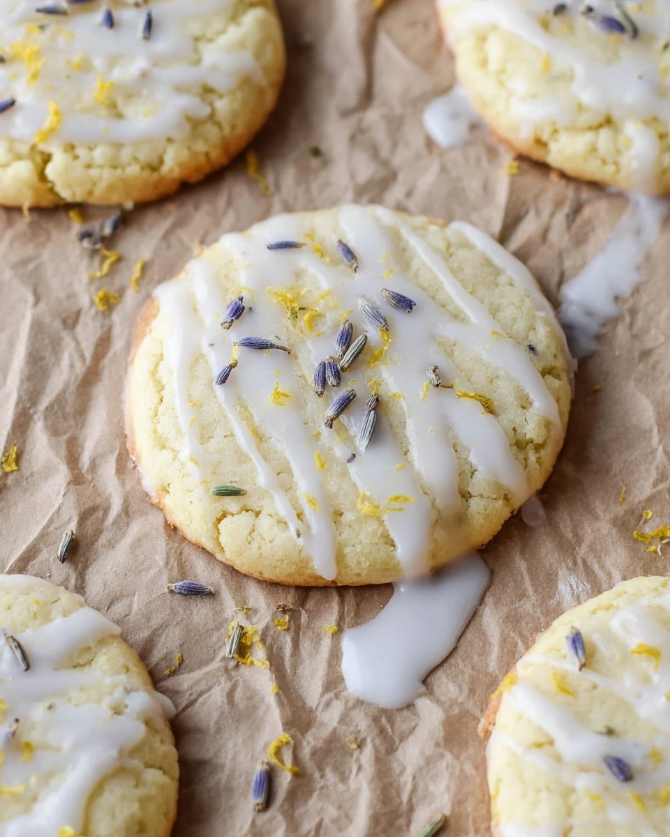 The image shows a close-up of soft, round cookies lying on crumpled brown parchment paper with a white marbled surface below. Each cookie has a pale golden-yellow color with a slightly cracked surface and is decorated with light drizzle of shiny white icing, which pools slightly on the parchment around the cookies. Small lavender buds and tiny yellow specks are scattered on top and around the cookies, adding texture and color contrast. The scene is bright and clean, focusing closely on the cookies' texture and decoration, with parts of three cookies visible. photo taken with an iphone --ar 4:5 --v 7