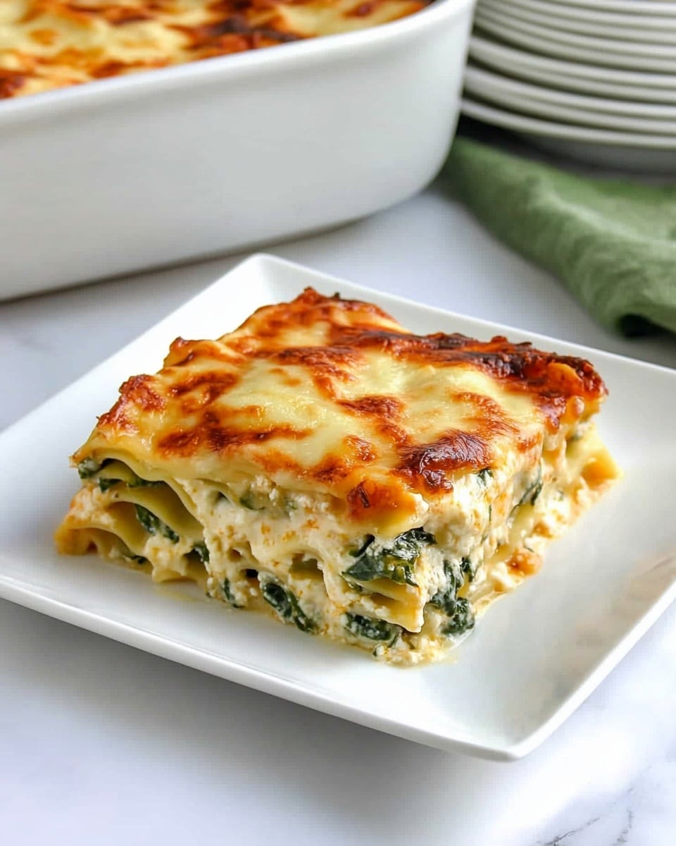 A square piece of lasagna sits on a white square plate, showing several layers beneath a golden-brown melted cheese topping. The top layer is bubbly and browned in spots, with a creamy white sauce mixed in. Below, there are visible layers of green spinach and pale pasta sheets stacked evenly. The plate rests on a white marbled surface, with a large white baking dish of more lasagna in the background, alongside a neat stack of white round plates topped with a folded green cloth and forks. photo taken with an iphone --ar 4:5 --v 7