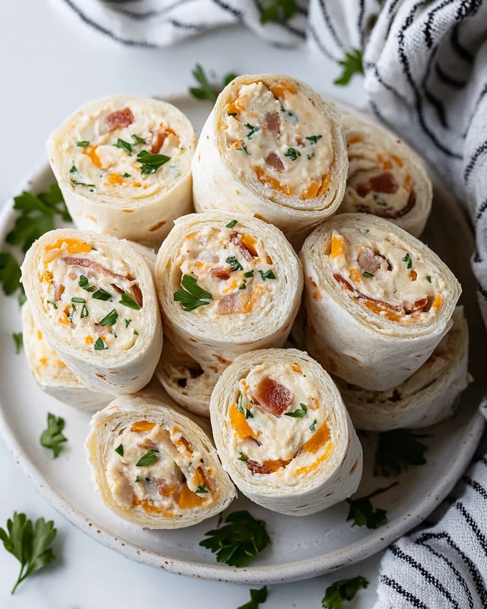A close-up of a plate with a stack of small rolled pinwheel sandwiches. Each sandwich has two visible layers: a soft white tortilla on the outside and a creamy filling inside, which is light beige with small orange cheese bits and bits of bacon mixed in. There are small green parsley leaves sprinkled on top and around the sandwiches for garnish. The plate is white, set on a white marbled surface, with a black and white striped cloth partially under it. Photo taken with an iphone --ar 4:5 --v 7
