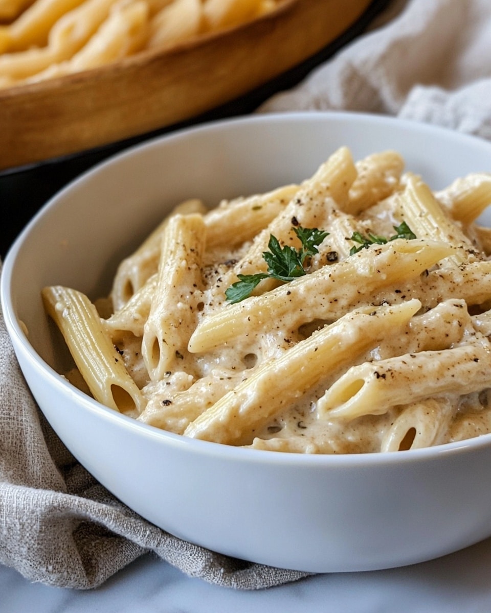 Inside a black slow cooker sits a creamy pasta dish made of penne pasta mixed with shredded chicken in a thick white sauce. The top layer features a sprinkling of dried herbs and grated cheese, adding texture and a touch of green to the mostly light beige and white tones. To the right, a white basket lined with a blue and white cloth holds five golden-brown breadsticks. On the left side, a colorful fresh salad with lettuce, tomato slices, pepperoncini, black olives, and thinly sliced red onion is served in a white bowl. Below the salad bowl, a bottle of Italian dressing labeled Olive Garden lies on the white marbled surface. A small white bowl filled with grated cheese and a sprig of fresh rosemary are near the basket of breadsticks. Photo taken with an iphone --ar 4:5 --v 7