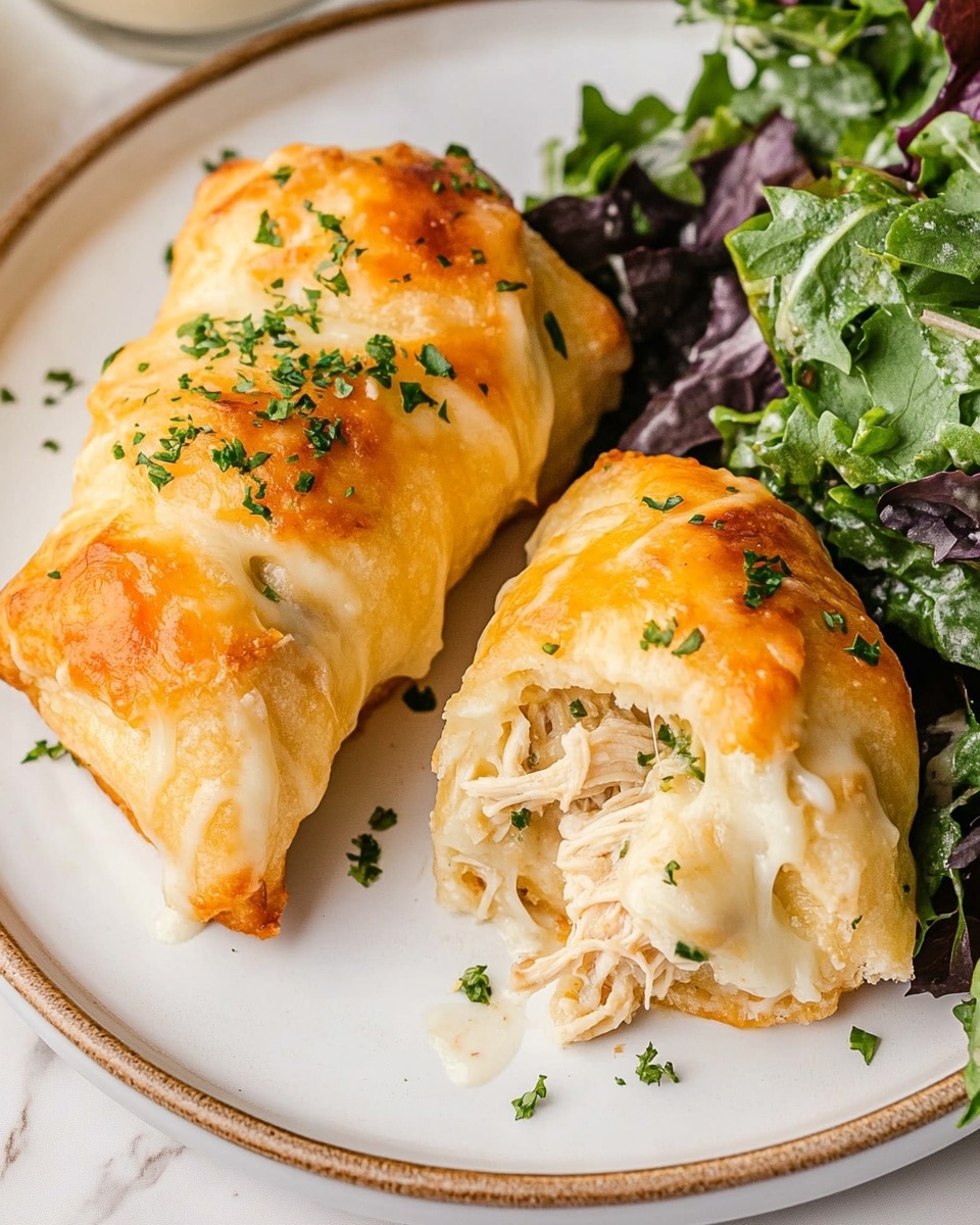 The dish shows two yellowish baked rolls with a soft texture topped with melted white cheese speckled with green herbs, placed on the left side of a white round plate. One roll is partly broken open, revealing a light beige filling of shredded meat inside. A fork with a piece of the roll is resting on the plate near fresh green leafy salad mixed with some purple leaves and drizzled with white dressing on the right side. The plate is set on a white marbled surface, and a clear glass with a white drink is visible at the top left corner. Photo taken with an iphone --ar 4:5 --v 7