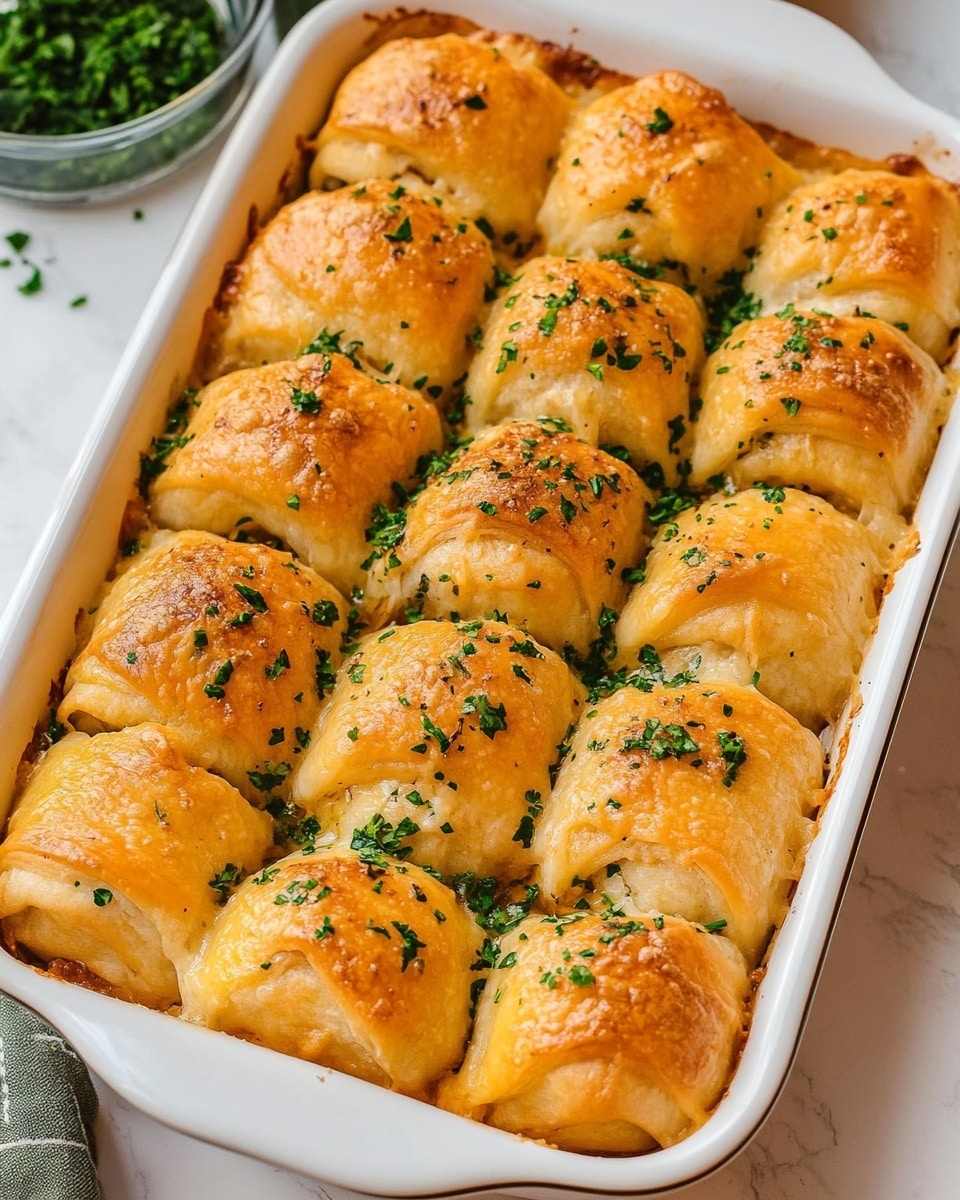 A white rectangular baking dish holds fifteen golden brown baked rolls arranged in three rows of five. Each roll is lightly browned on the top with a soft, slightly textured surface and sprinkled with finely chopped green herbs. The rolls sit close together, filling the dish, with some melted sauce puddled around the edges. The dish is placed on a wooden table next to green cloths and small bowls of more chopped herbs, with two clear glasses of white milk and a plate with silver forks nearby. The background is a white marbled texture photo taken with an iphone --ar 4:5 --v 7