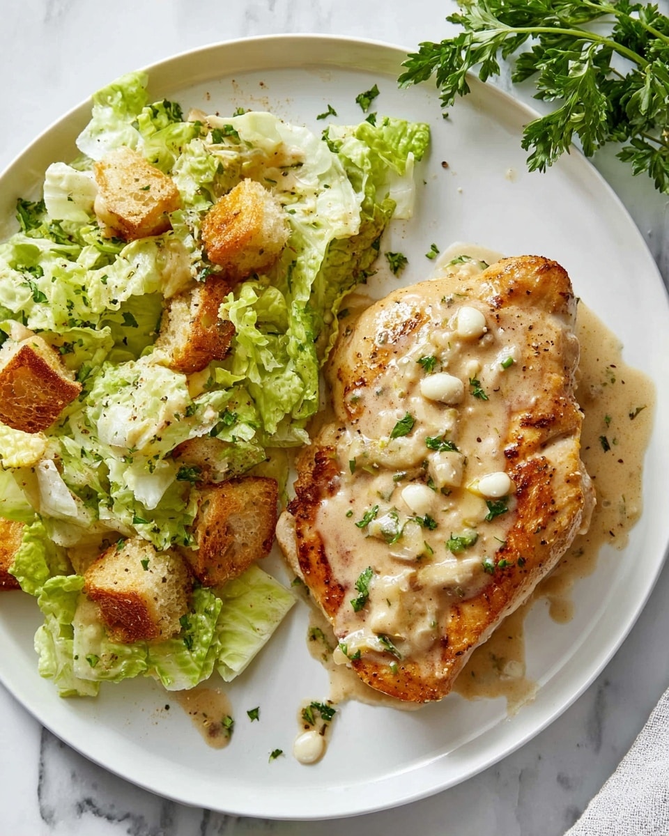 In a silver pan, there are four browned chicken pieces sitting in creamy light beige sauce. Each chicken piece has a smooth texture with a few brown charred patches and some whole garlic cloves on top. The sauce is thick and creamy, covering the pan's surface and partially coating the chicken. Small green herb bits are sprinkled on the chicken and sauce, adding a touch of color. The pan is set on a white marbled surface with some fresh green parsley on the side and a black and white striped cloth near the handle. Photo taken with an iphone --ar 4:5 --v 7